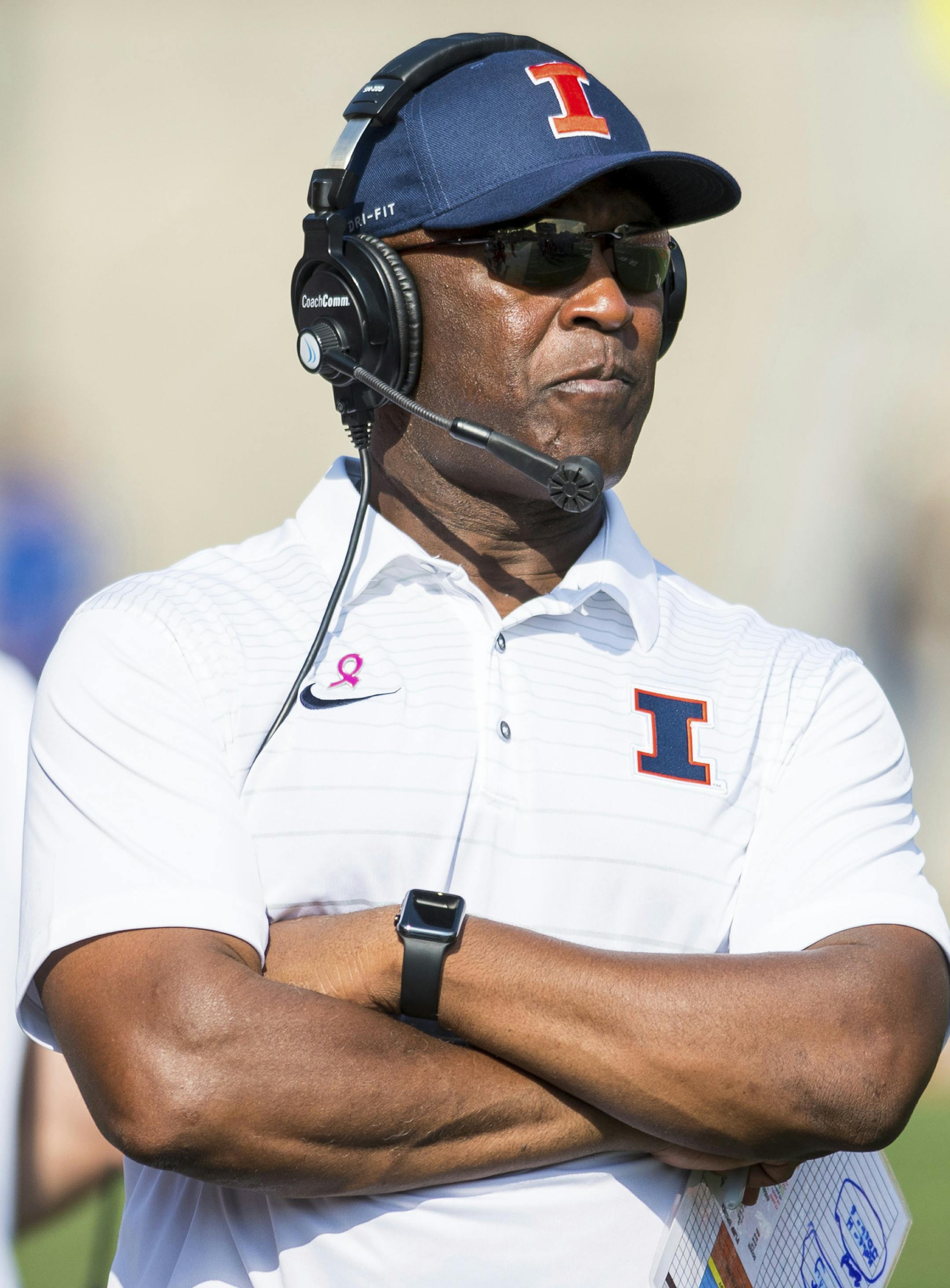 Illinois head coach Lovie Smith watches from the sideline during an NCAA college football game against Rutgers Saturday, Oct. 14, 2017 at Memorial Stadium in Champaign, Ill. Rutgers defeated Illinois 35-24. (AP Photo/Bradley Leeb) ORG XMIT: ILBL126