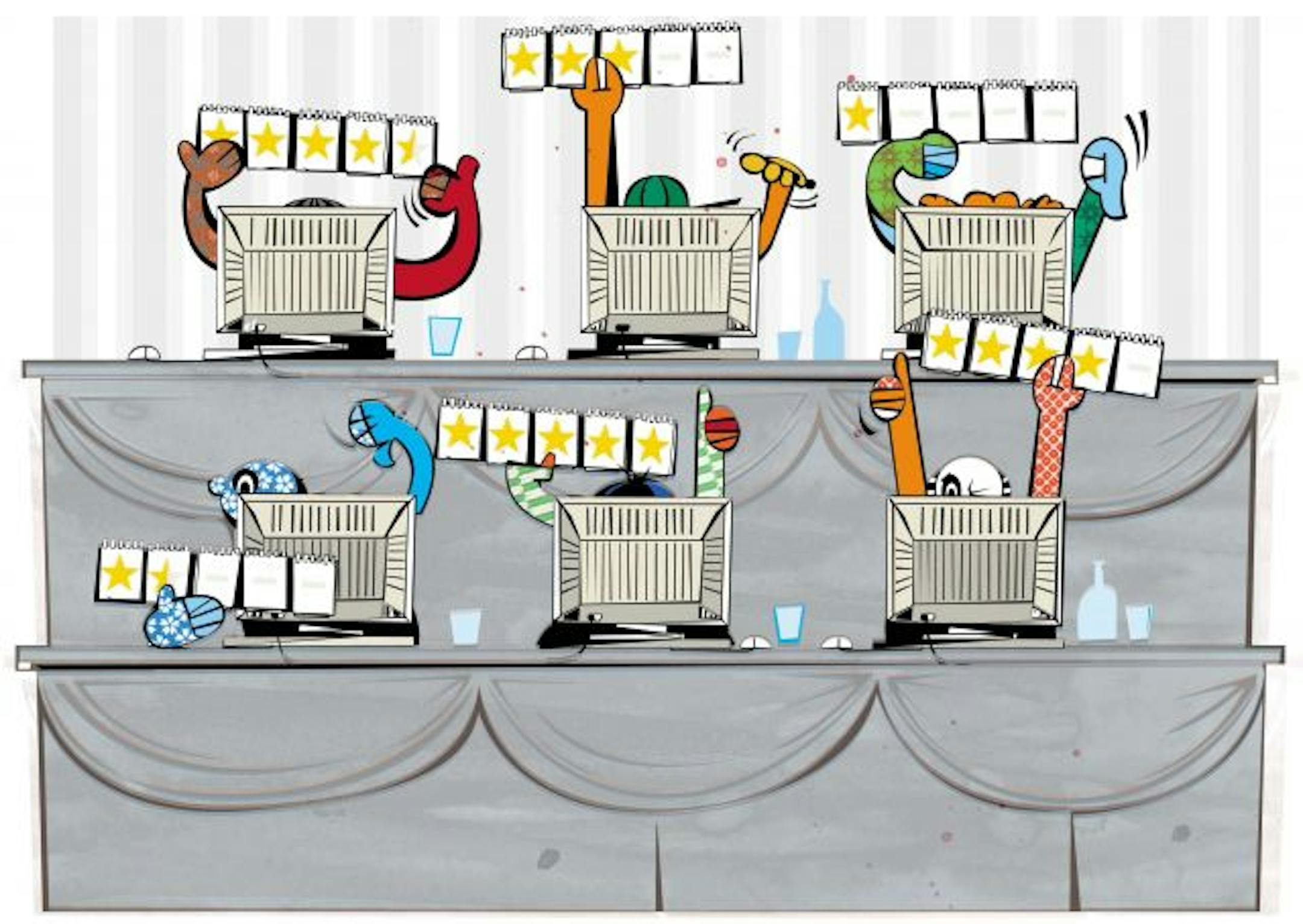 300 dpi 6 col x 8.25 in / 295x210 mm / 1004x713 pixels Sergio Phanha color illustration of anonymous faces behind their computers raising scorecards and thumbs-up/down. The Dallas Morning News 2003 With CPT-REVIEWERS:DA, The Dallas Morning News by Doug Bedell <p>
KEYWORDS: krtbusiness business krtnational national krtworld world krtintlbusiness krtnamer north america krtusbusiness u.s. us united states bedell computadora computer consumer consumidor contributed critic critico da grabado illustra