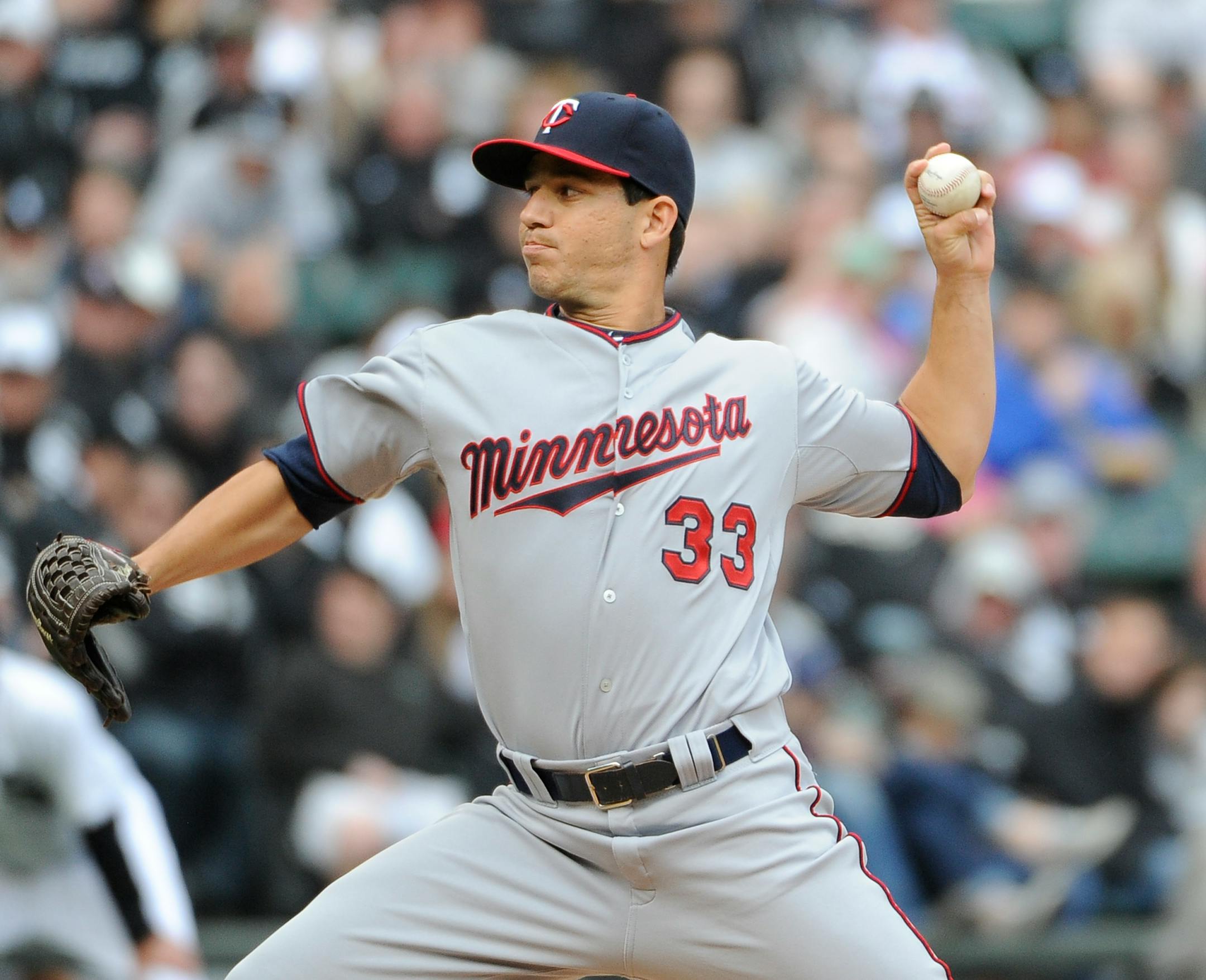 Minnesota Twins starting pitcher Tommy Milone (33) throws against the Chicago White Sox during the first inning of a baseball game, Friday, April 10, 2015 in Chicago. (AP Photo/David Banks)