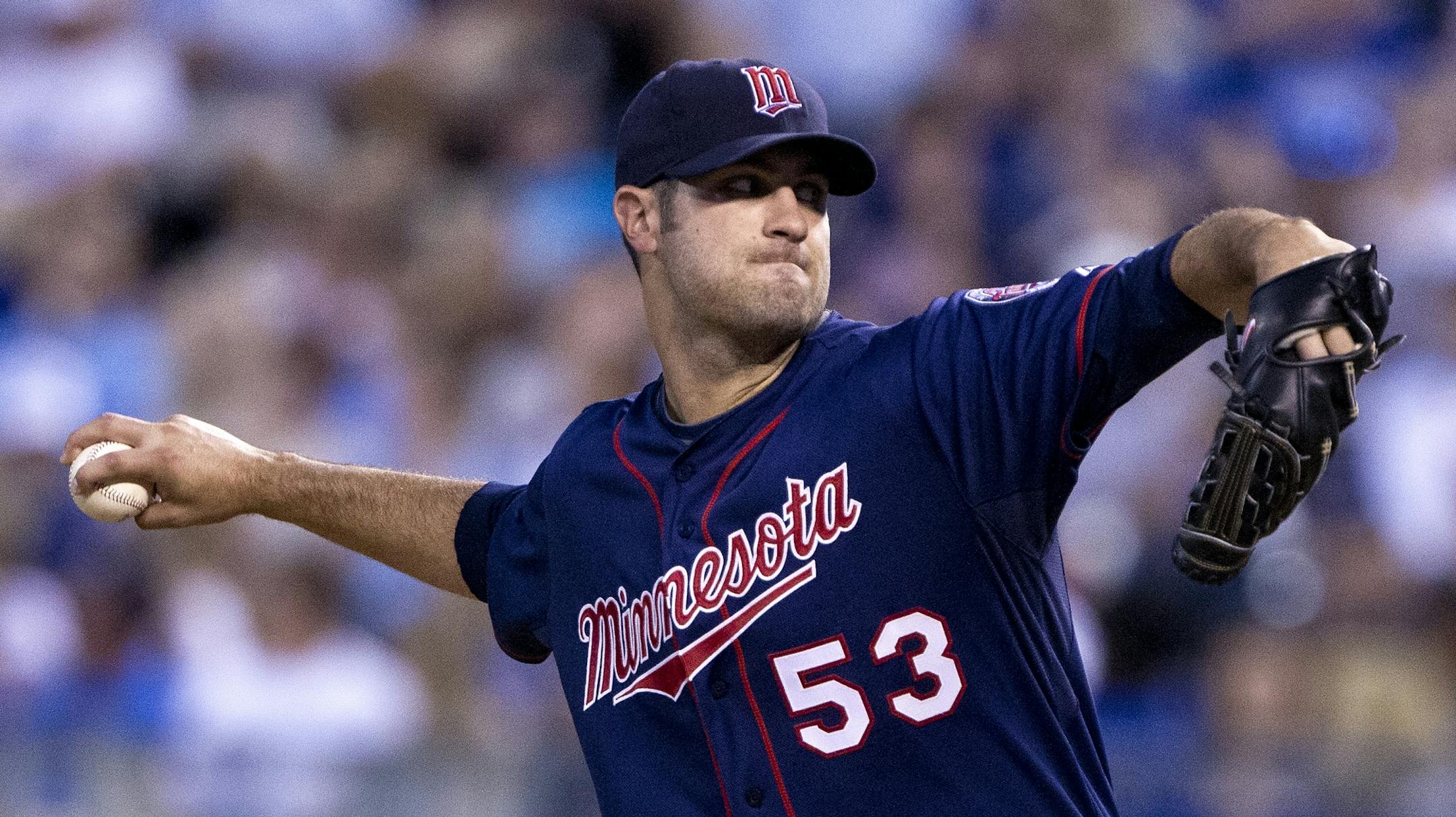 Nick Blackburn of the Minnesota Twins pitches against the Kansas City Royals in the sixth inning on Friday, July 20, 2012, in Kansas City, Missouri.