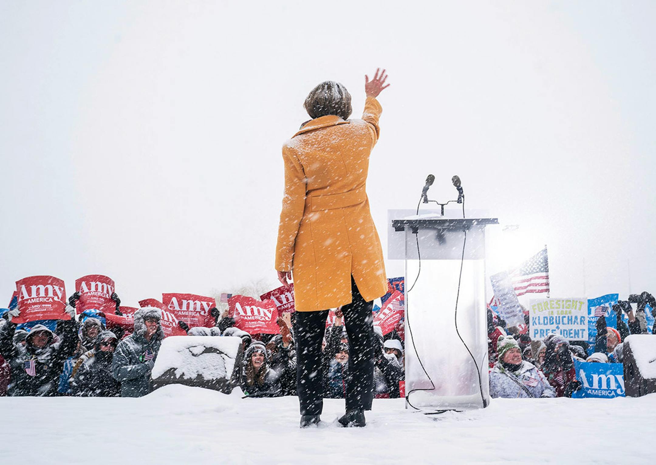 U.S. Sen. Amy Klobuchar waved to supporters gathered at Boom Island Park as she entered the Democratic presidential field on Sunday, Feb. 10, 2019, in Minneapolis.
