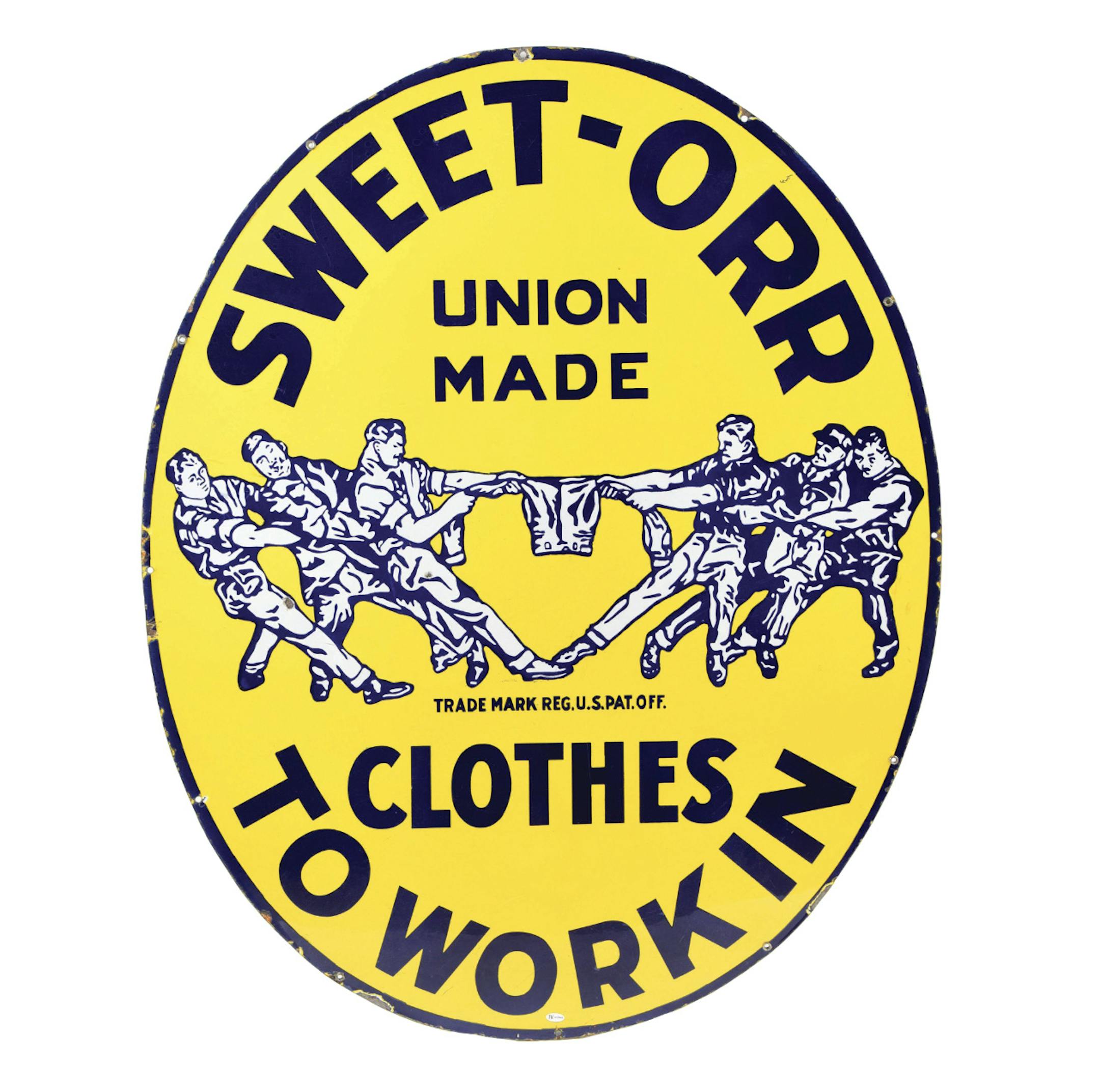 Sweet-Orr clothing was proudly made by workers, for workers. Their logo shows their clothes are strong enough to handle anything a worker, or group of workers, might put them through. Cowles Syndicate