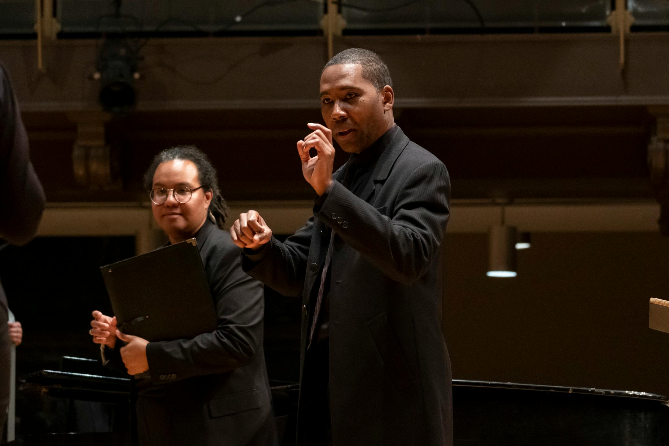 Here are a couple of images that could run with my story on One Voice Mixed Chorus' performance of "Weather." In the picture of just two people, that's Kimberly Waigwa (left) and Rollo Dilworth. The other is of Dilworth conducting the Singing Owls of Temple. These are courtesy of Temple University.