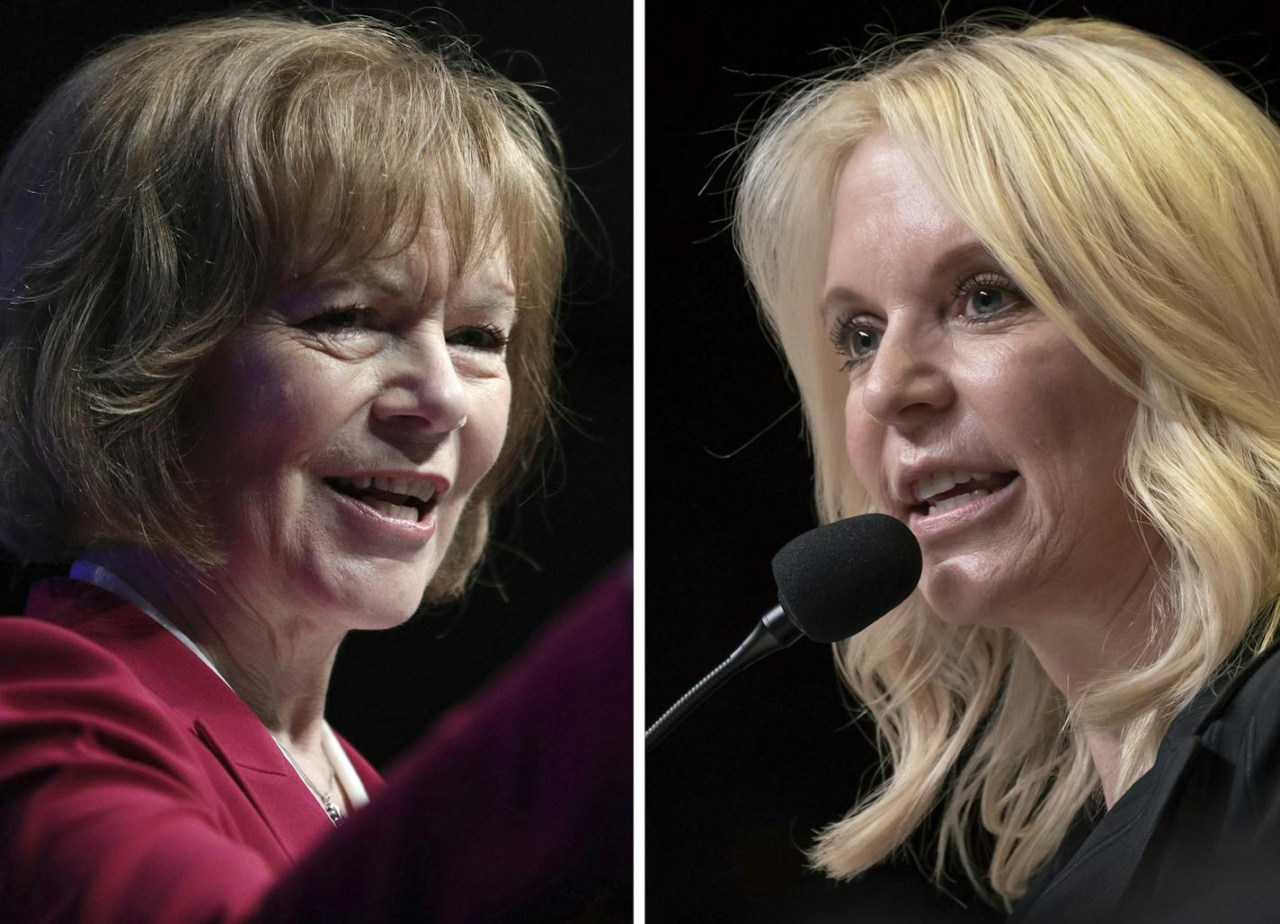 FILE - This combination of June 1, 2018, file photos shows Minnesota U.S. Senate candidates from left, Democratic U.S. Sen Tina Smith and Republican Karin Housley. ( Star Tribune via AP, File)