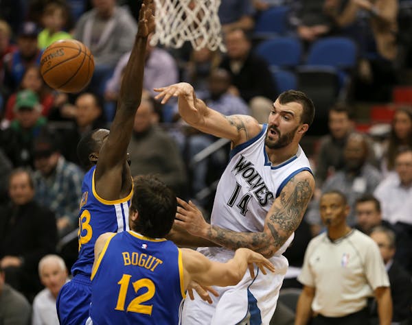 Timberwolves center Nikola Pekovic passed off to teammate Thaddeus Young with under two minutes left in the fourth quarter Wednesday night at Target C