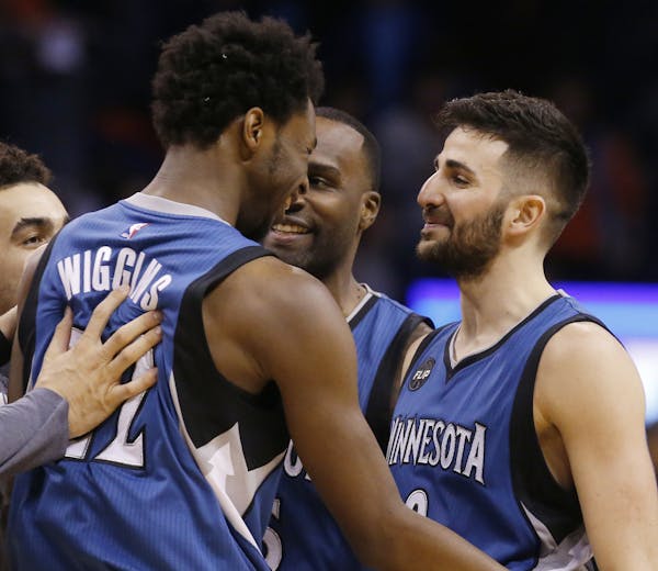 Minnesota Timberwolves guard Ricky Rubio, right, celebrates with teammate guard Andrew Wiggins, left, following an NBA basketball game against the Okl