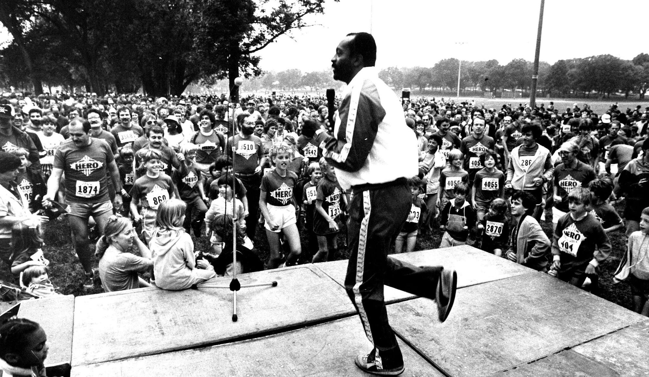 June 16, 1984: Greg Coleman led the crowd in warm-ups at Lake Nokomis before the fifth annual parent-child fun run.