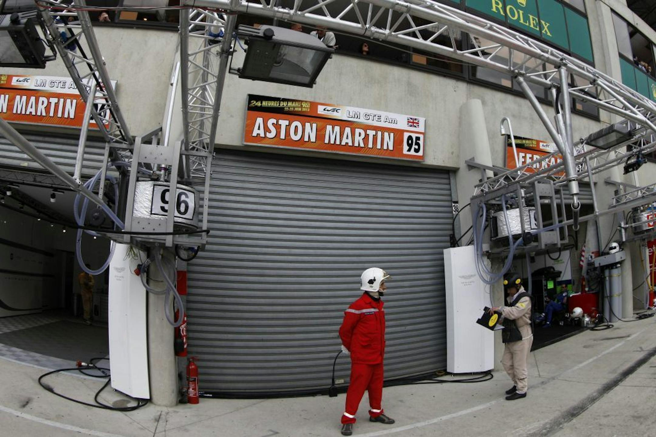The garage of the No.95 Aston Martin Vantage GTE, driven by Allan Simonsen of Denmerk is shuttered after his crash Saturday, June 22, 2013. The Aston Martin Vantage , driven by Simonsen, exited the track at high speed at the "Tertre Rouge" corner on his fourth lap of the race. He died later due to his injuries.