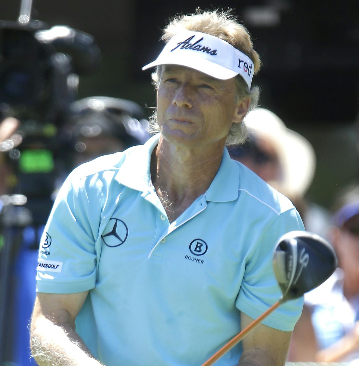 Bernhard Langer, of Germany, watches his tee shot on the first hole in the final round of the U.S. Senior Open golf tournament at Del Paso Country Club in Sacramento, Calif., Sunday, June 28, 2015. (AP Photo/Rich Pedroncelli) ORG XMIT: CARP102