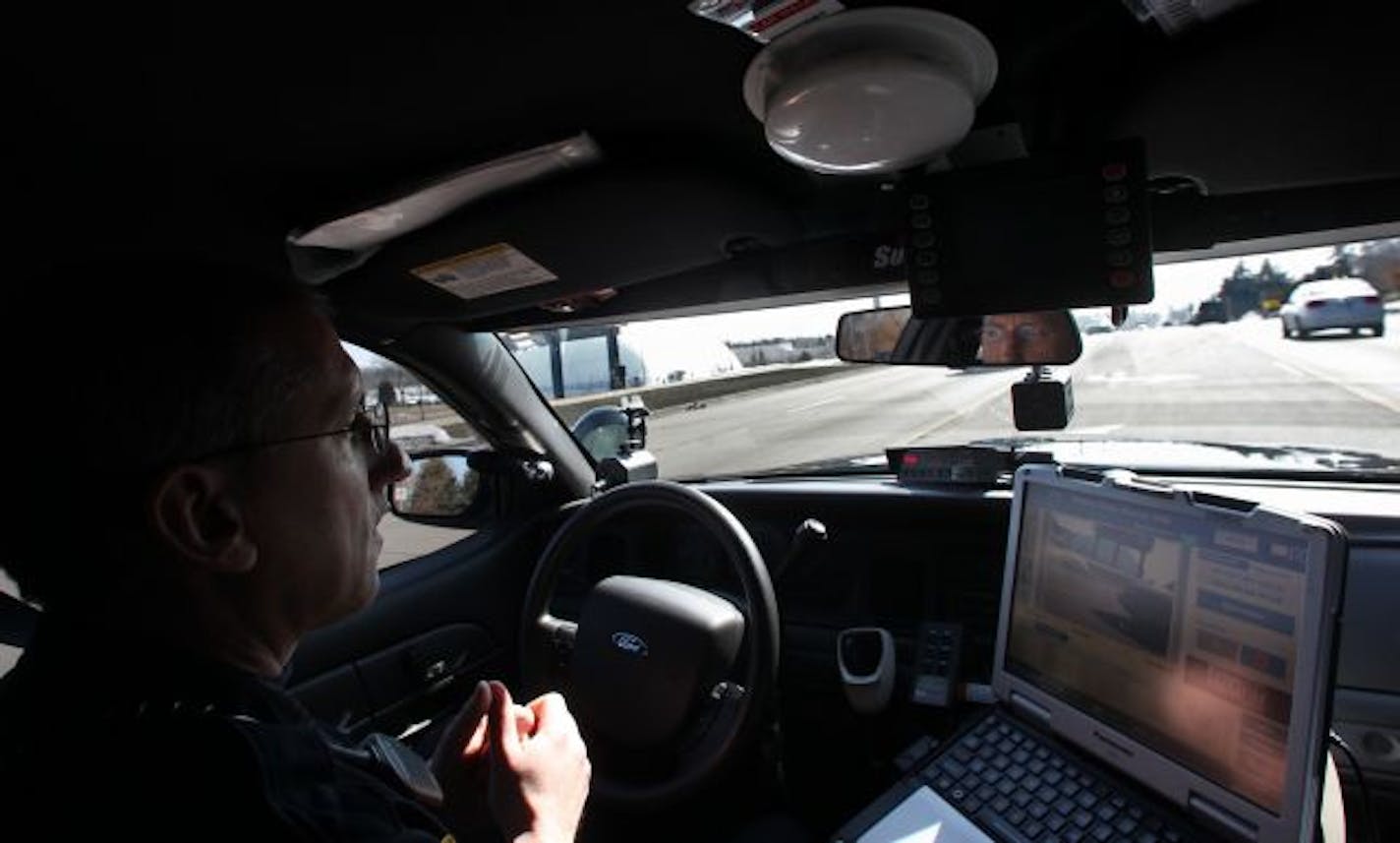 Using an automatic license plate reader (ALPR) system, a Maplewood officer looked for stolen vehicles or those being driven by owners with invalid or revoked licenses. Plate numbers show up on a laptop screen and are instantly run through a state Bureau of Criminal Apprehension database.