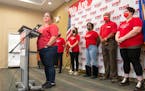 Angela Becchetti, a registered nurse from Abbott Northwestern- Alina, speaks at a press conference announcing the intent for the nurses to strike Thur