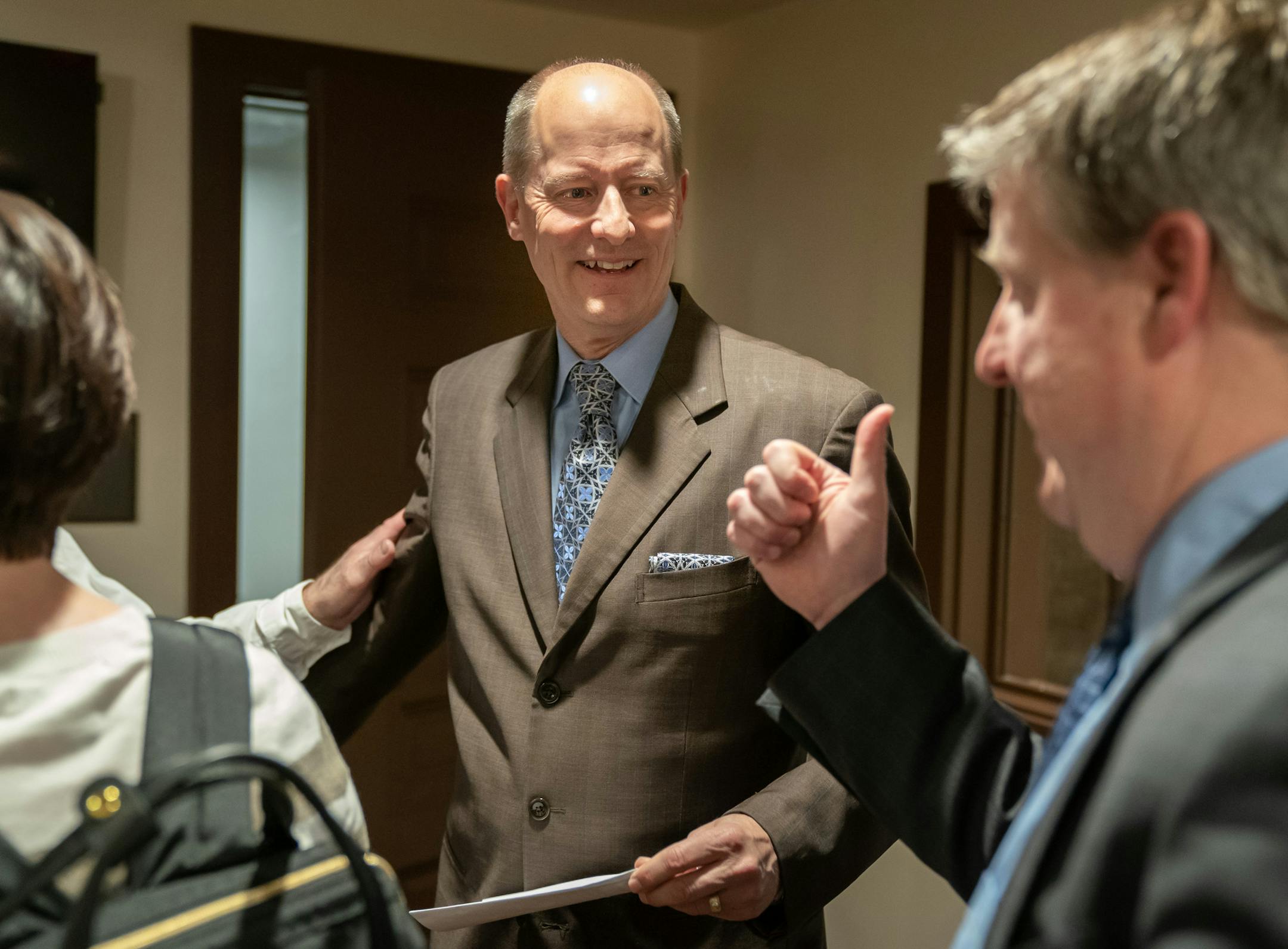 Senate Majority Leader Paul Gazelka was gently nudged out of the press conference room after the conversation turned from upcoming Senate Bills to what he thinks about the court decision to revert Bde Maka Ska back to Lake Calhoun. He said he was in favor of keeping the name as Lake Calhoun. ] GLEN STUBBE &#x2022; glen.stubbe@startribune.com Tuesday, April 30, 2019 Senate Republican leaders held a news conference to discuss their Omnibus Health and Human Services appropriation bill.