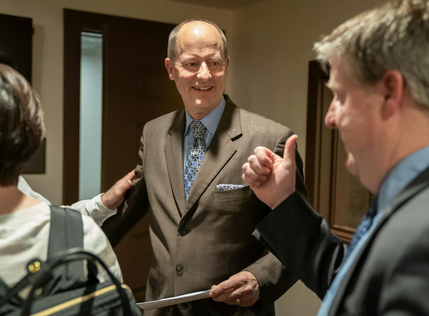 Senate Majority Leader Paul Gazelka was gently nudged out of the press conference room after the conversation turned from upcoming Senate Bills to what he thinks about the court decision to revert Bde Maka Ska back to Lake Calhoun. He said he was in favor of keeping the name as Lake Calhoun. ] GLEN STUBBE &#x2022; glen.stubbe@startribune.com Tuesday, April 30, 2019 Senate Republican leaders held a news conference to discuss their Omnibus Health and Human Services appropriation bill.