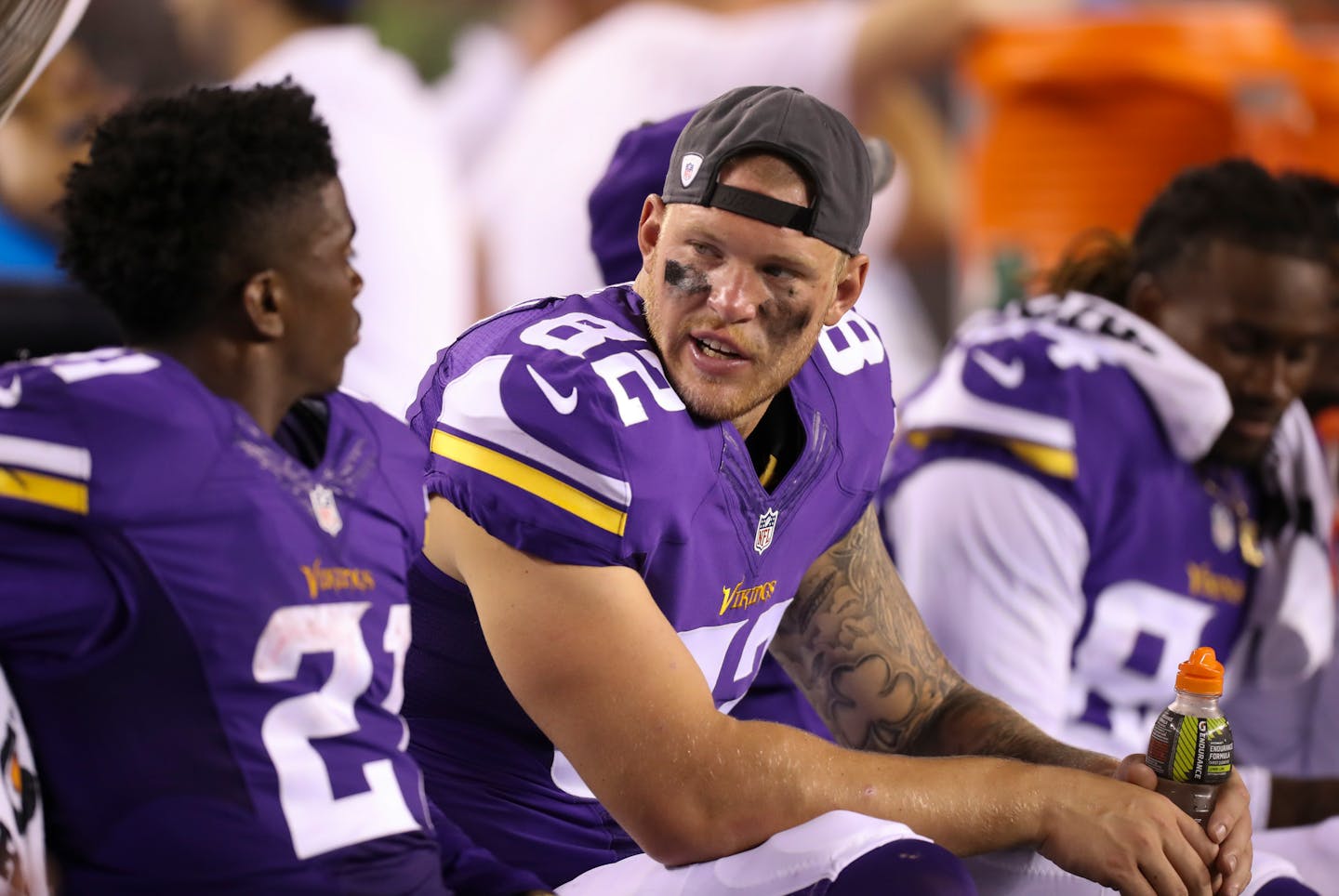 Vikings tight end Kyle Rudolph (82) visited with running back Jerick McKinnon (21) on the bench in the fourth quarter Friday night in Cincinnati. For the first time since he was a sophomore in high school Rudolph played a game at Paul Brown Stadium.