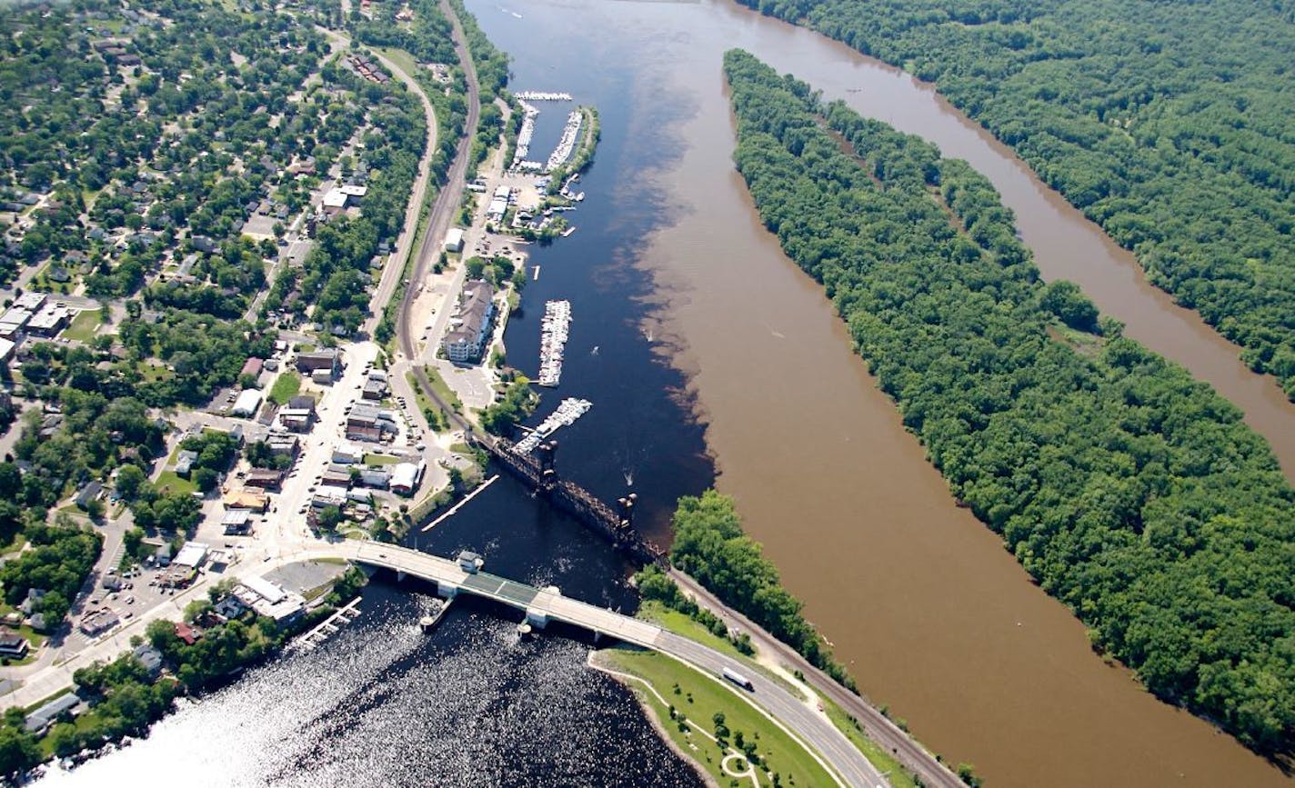 The confluence of the St. Croix, left, and Mississippi rivers south of the Twin Cities, after the Minnesota River flows into the Mississippi.