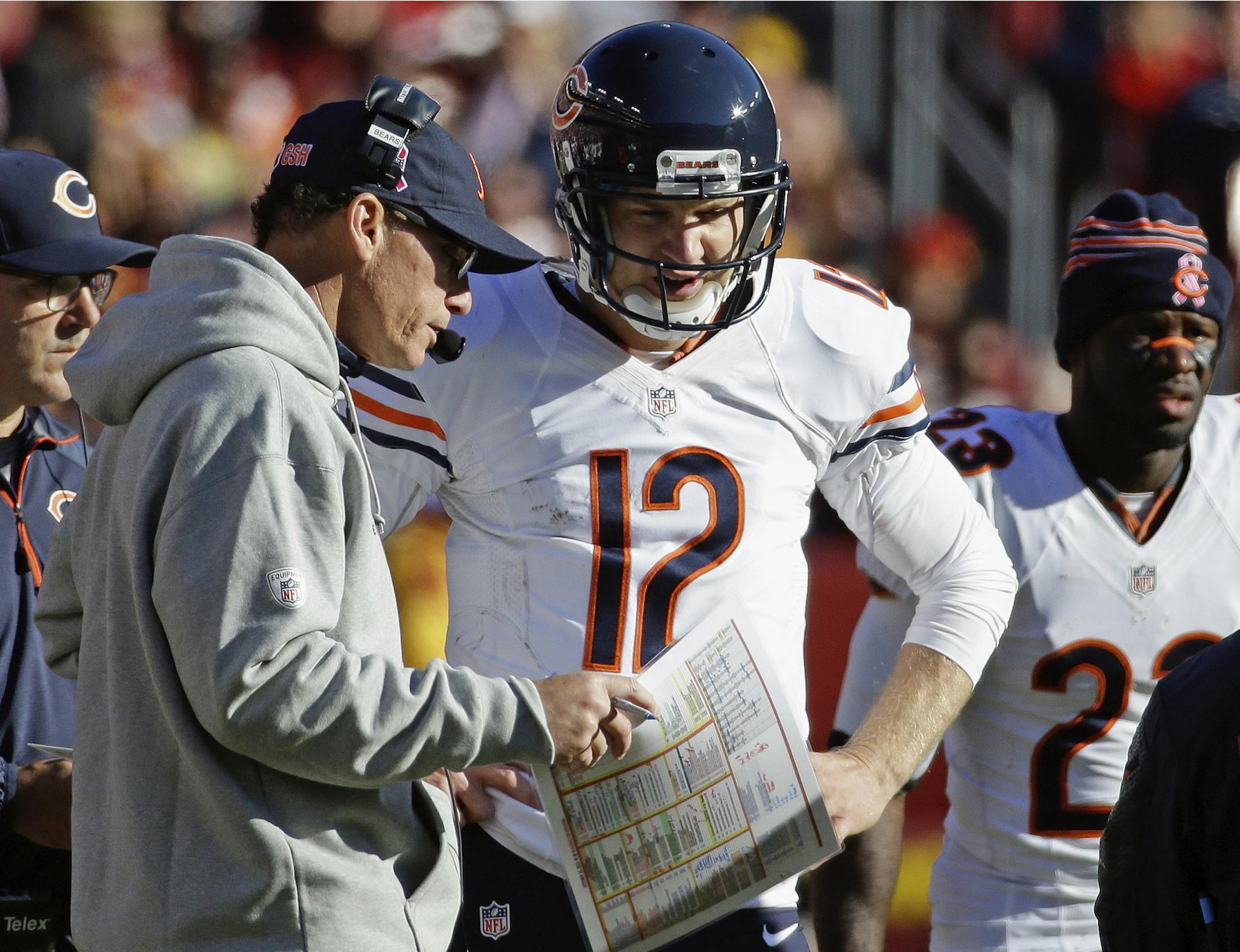 FILE - In this Oct. 20, 2013 file photo, Chicago Bears quarterback Josh McCown talks with head coach Marc Trestman during an NFL football game against the Washington Redskins in Landover, Md. During the game, McCown led the Bears to a 24-point second half when pressed into service to replace injured Jay Cutler, but he had no preparation time in that one. Now, after a couple weeks to get ready to face the Green Bay Packers on Monday, Nov. 4, McCown expects to be ready to produce against a defense