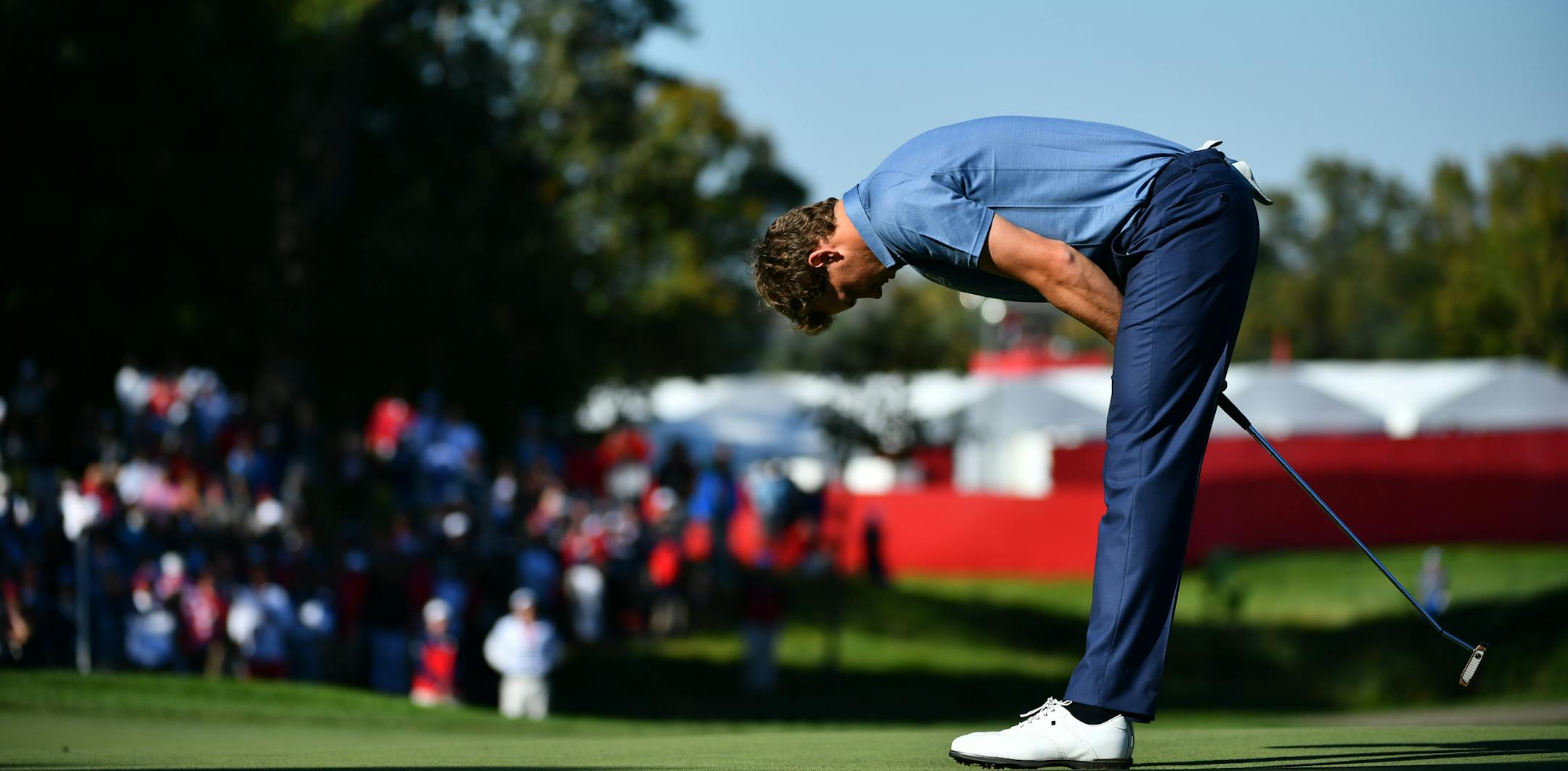 Europe&#xed;s Thomas Pieters missed a putt on the eighth green during afternoon play. ] (AARON LAVINSKY/STAR TRIBUNE)
aaron.lavinksy@startribune.com The Ryder Cup was held on Friday, September 30, 2016 at Hazeltine National Golf Club in Chaska, Minn.