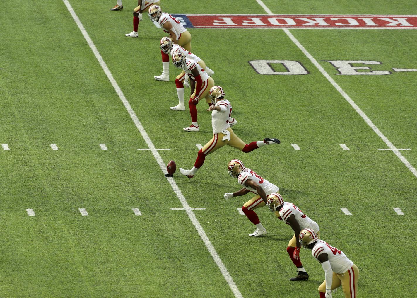 As the San Francisco 49ers showed in the opener earlier this month vs. the Vikings, NFL players on kickoff teams must line up within one yard of the line.