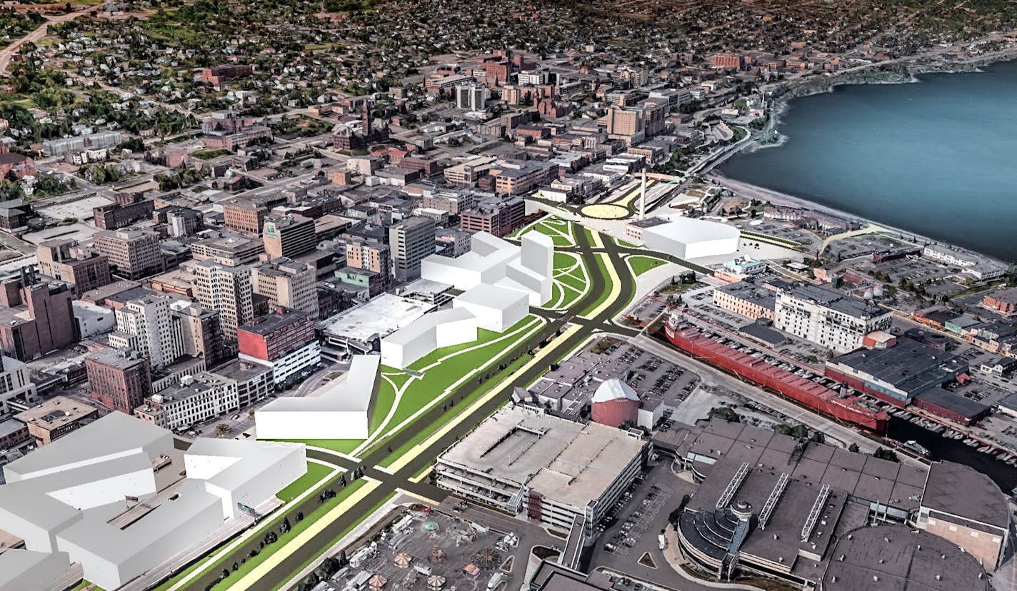 A rendering of a community group's proposed parkway to replace a stretch of Interstate 35 with a smaller roadway and more development, bringing downtown Duluth and Canal Park closer together.