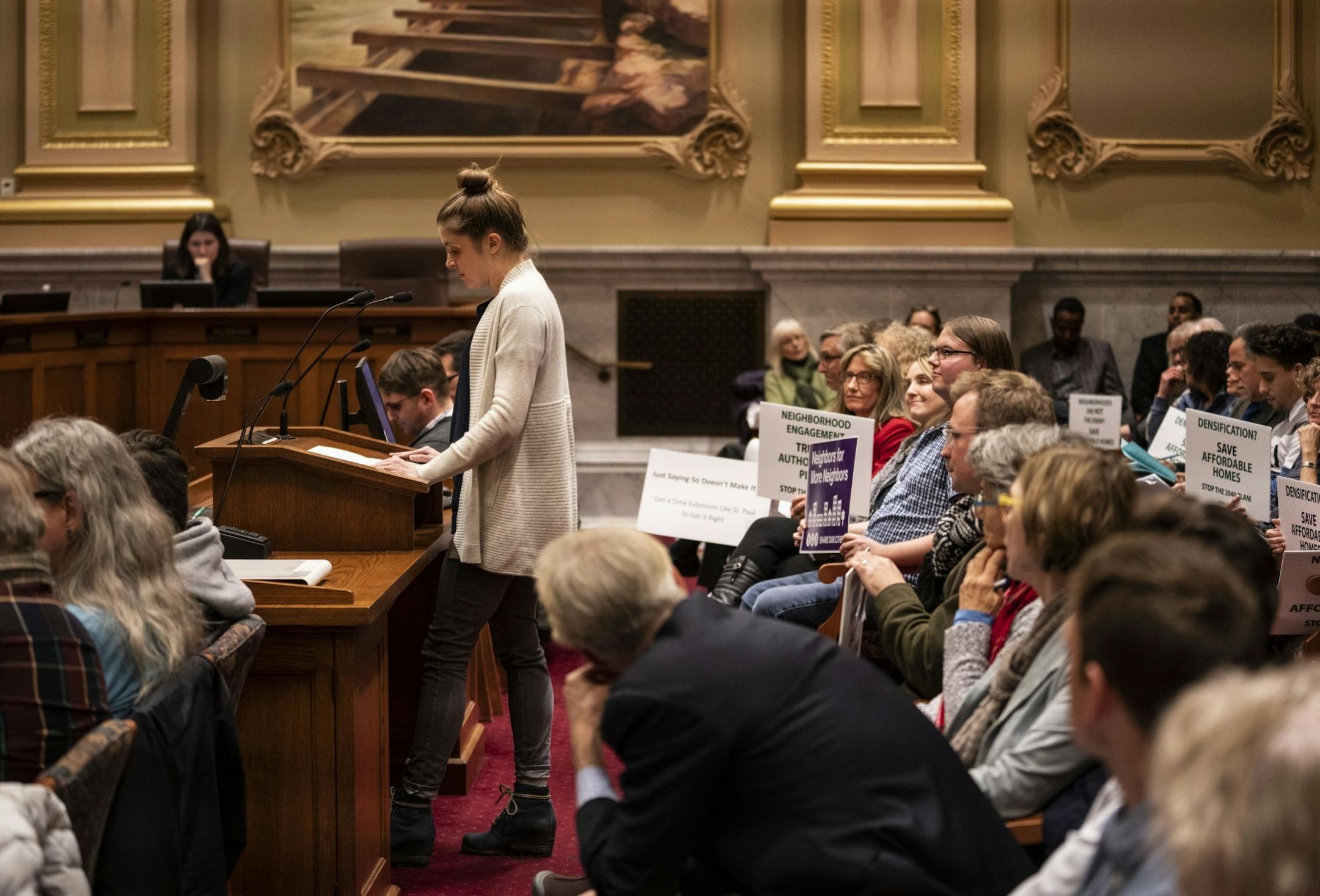 Kathleen Cole spoke in support of the plan during a public hearing on the 2040 Comprehensive Plan at City Hall in Minneapolis, Minn., on Wednesday, November 14, 2018.