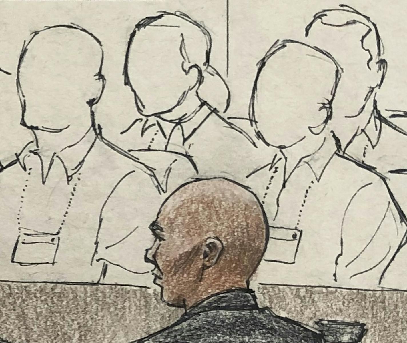 This courtroom sketch provided by Cedric Hohnstadt depicts the opening argument by Hennepin County prosecutor Patrick Lofton, standing, Tuesday, April 9, 2019, in Minneapolis, during the murder trial of former Minneapolis police Officer Mohamed Noor, second from right, who fatally shot an unarmed Australian woman, Justine Ruszczyk Damond, in July 2017, after she called 911 to report a possible sexual assault behind her home. Also depicted are Hennepin County District Judge Kathryn Quaintance, le