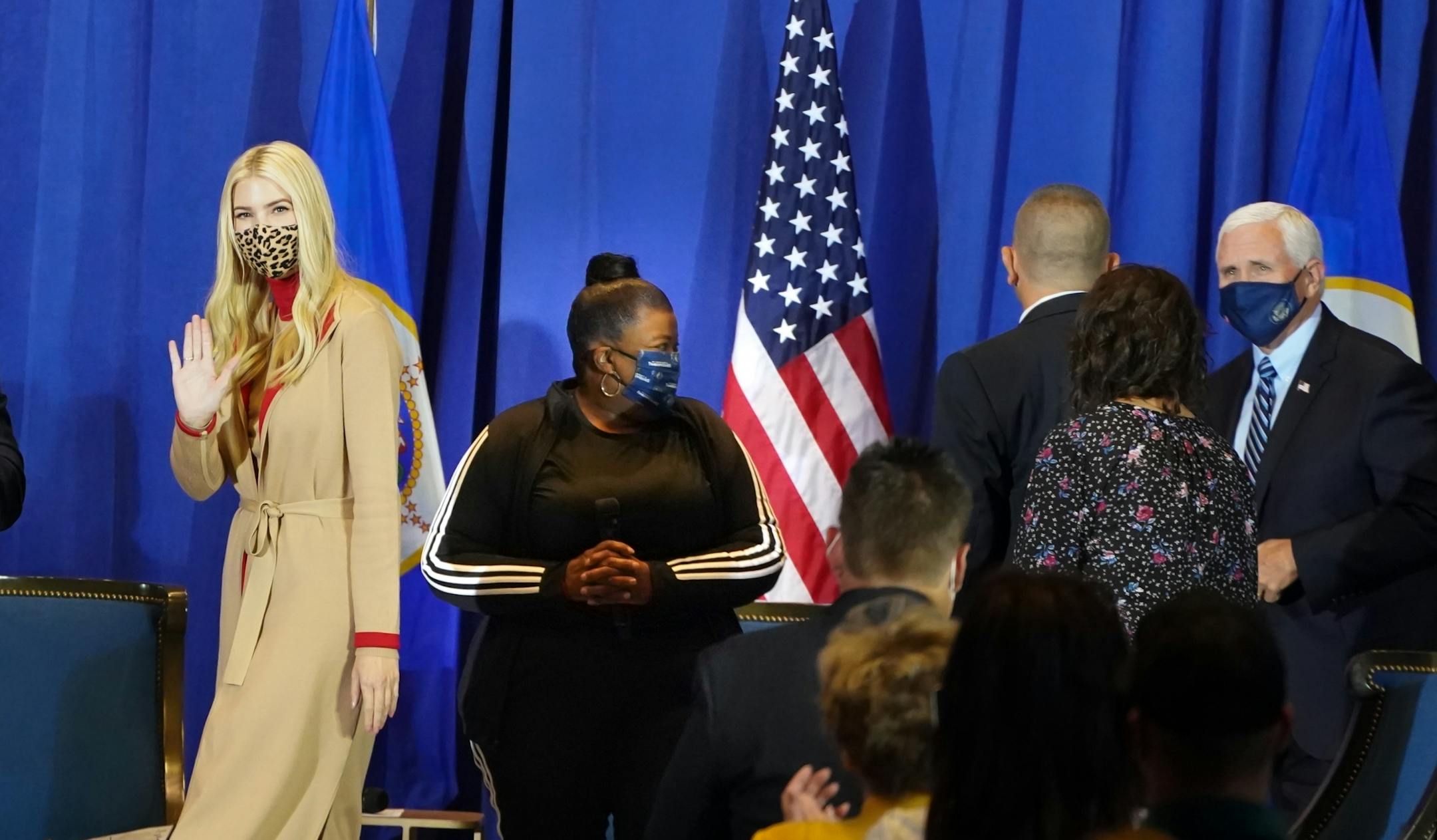 Ivanka Trump and Vice President Mike Pence arrived for the listening session. Between them is the owner of a Northside hair salon that was destroyed during rioting. Vice President Mike Pence and Ivanka Trump are holding a 'Cops for Trump' listening session in Minneapolis, meeting with community members whose businesses and lives have been negatively impacted by crime and rioting.