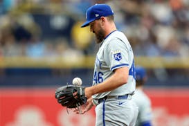 Kansas City Royals relief pitcher John Schreiber reacts after giving up an RBI single to Tampa Bay Rays' Jose Siri during the seventh inning of a base