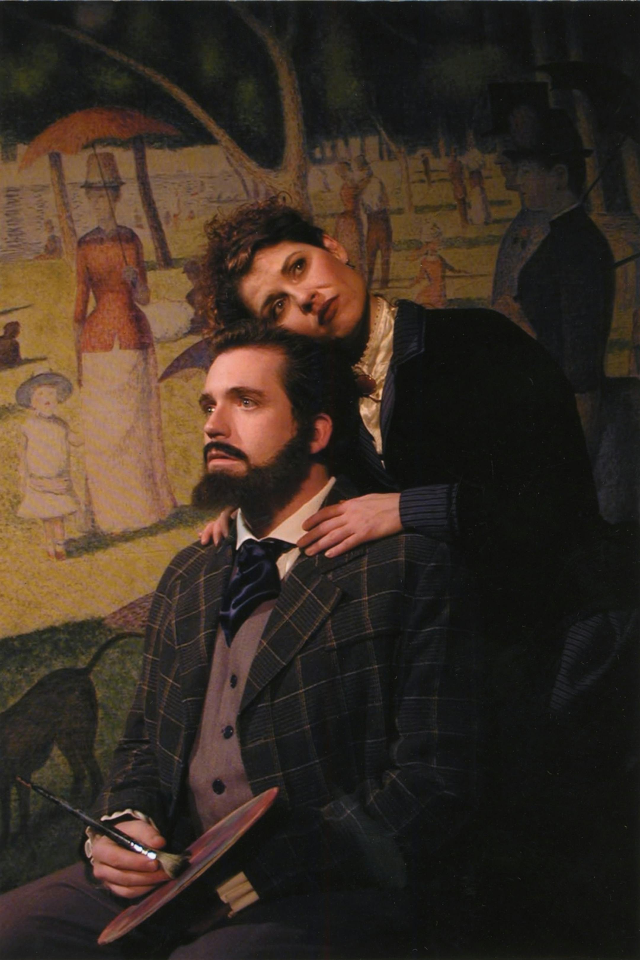 Rodney Coe (left) stars as painter George Seurat, and Ann Michels (or Michaels) (right) as Dot, in the Theatre Latt� Da" production Feb-March 2003 of "Sunday in the Park with George." Handout photo by Rick Spaulding, courtesy of Theatre Latt� Da. // theatre latte da //