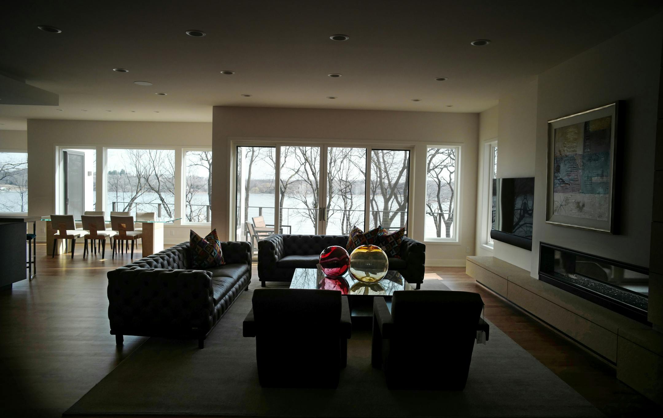 The living room overlooks Stubbs Bay in this #258 Dream Home in Orono.