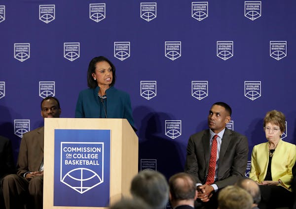 Former U.S. Secretary of State Condoleezza Rice speaks during a news conference at NCAA headquarters on Wednesday