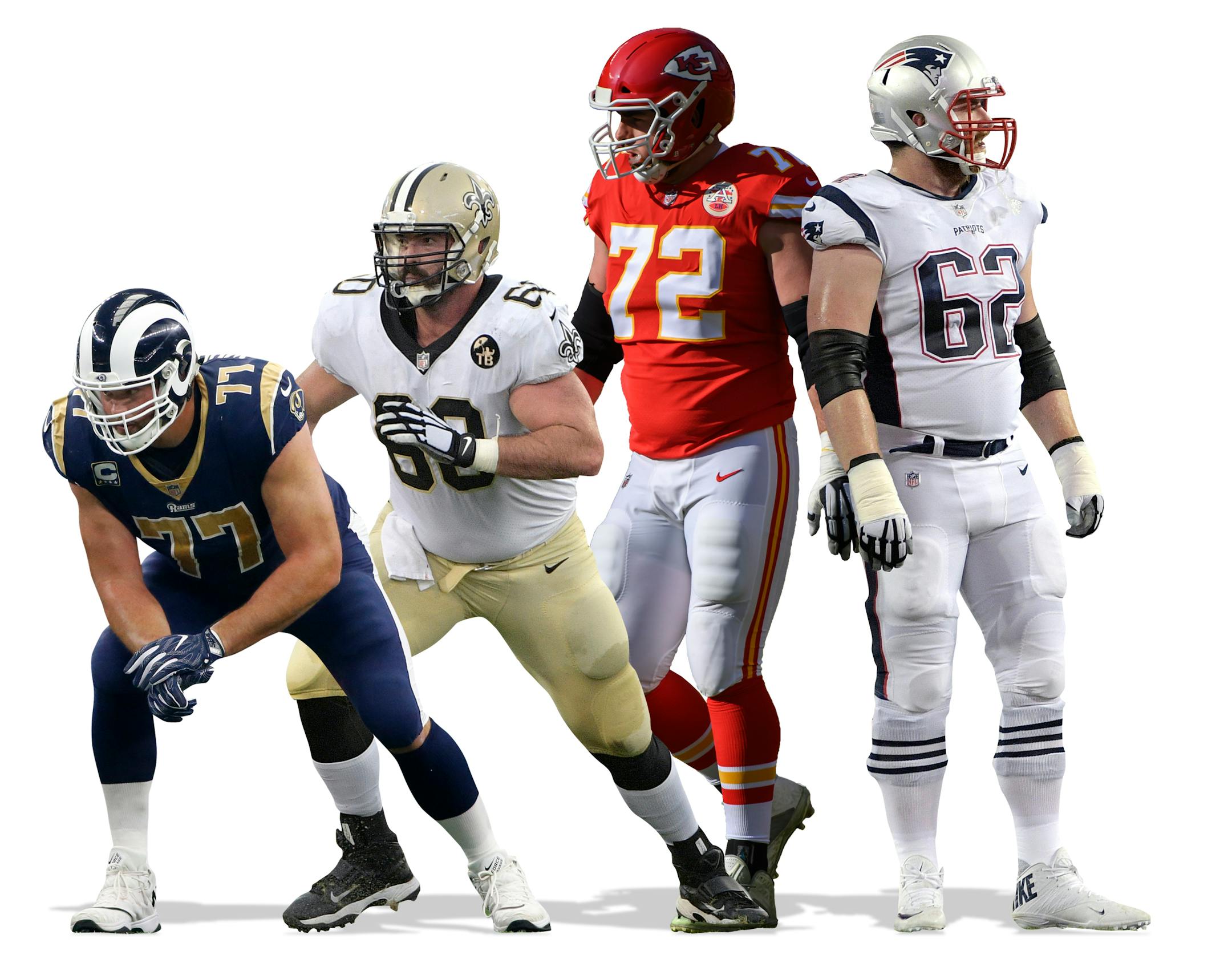 Rams tackle Andrew Whitworth, Saints center Max Unger, Chiefs offensive tackle Eric Fisher and Patriots guard Joe Thuney