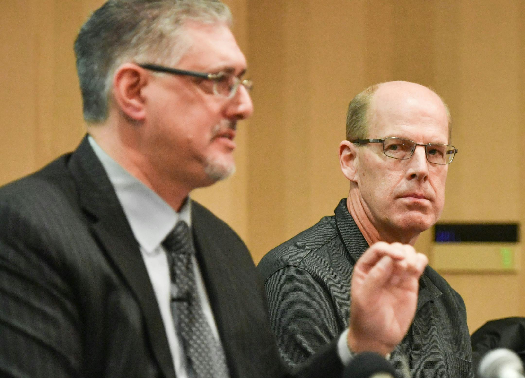 Dan Rassier, right and his attorney Michael Padden held a press conference at the Marriott Northwest Hotel in Brooklyn Park. ] GLEN STUBBE * gstubbe@startribune.com Tuesday, November 22, 2016 Dan Rassier, a neighbor of the Jacob Wetterling family and a longtime suspect in the 11-year-old's 1989 abduction, plans to file suit against the Stearns County Sheriff's Office for "wrongly accusing" him and harrassing him in connection with Jacob's 1989 disappearance. Dan Rassier, a longtime "person of in