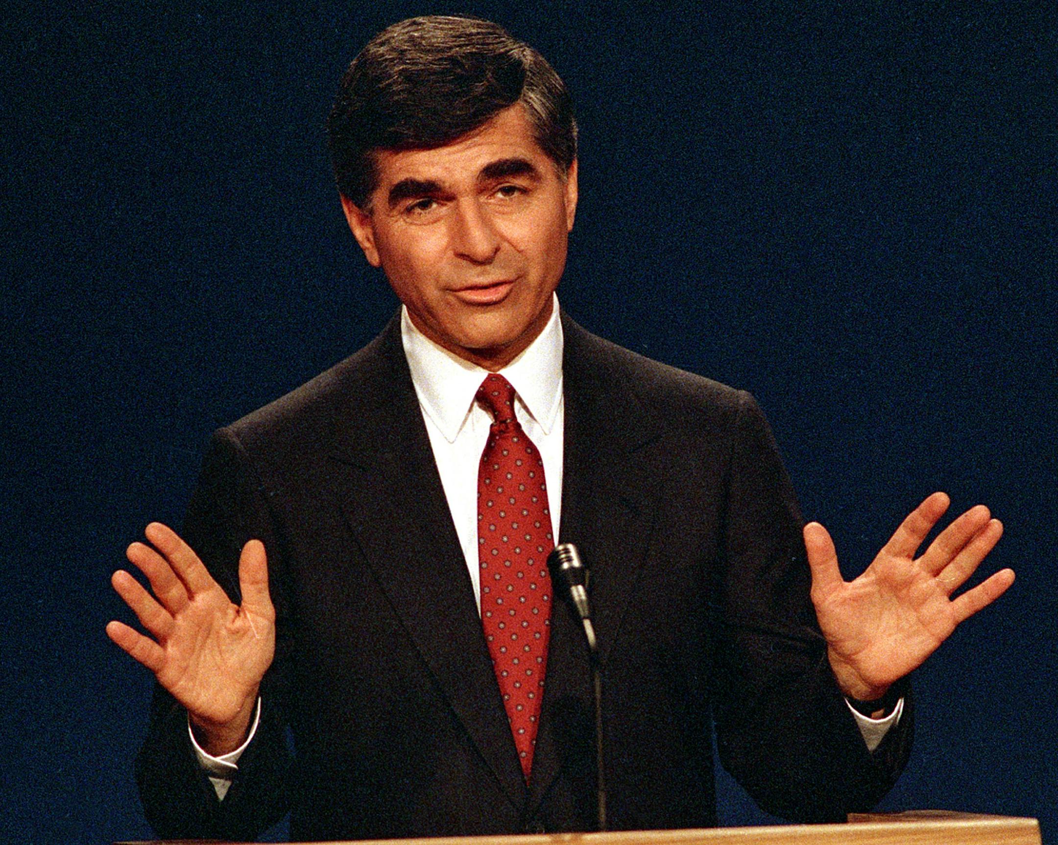 Democratic presidential candidate and Massachusetts Governor Michael Dukakis answers questions during the second presidential debate with opponent Vice President George Bush at Pauley Pavilion on the UCLA campus in Los Angeles, Ca., Oct. 13, 1988. (AP Photo) ORG XMIT: APHS144