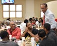 August 30, 2017 Atlanta - Morehouse College interim president Harold Martin greets students and faculty members after he ate his lunch in the crowded 