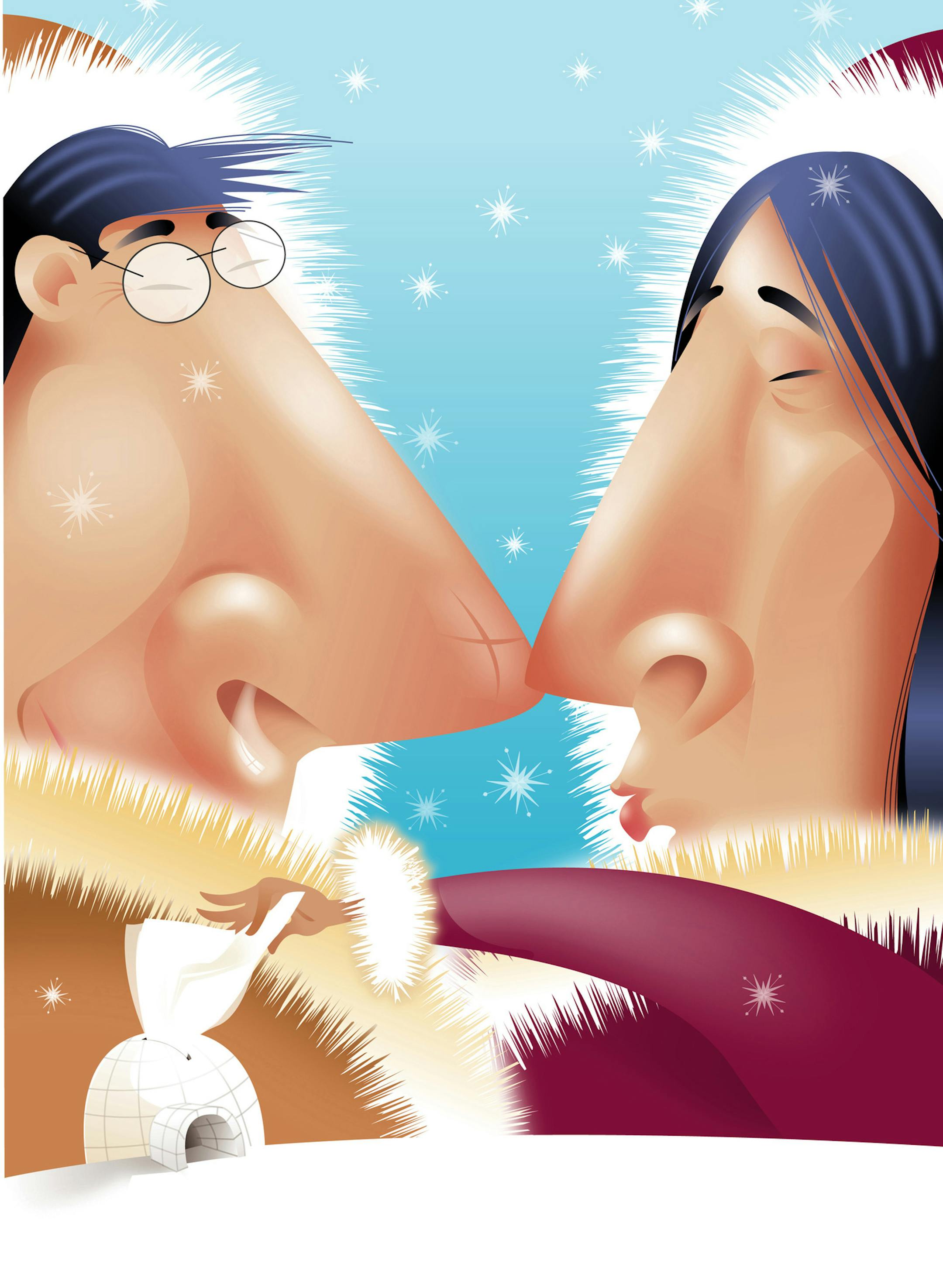 300 dpi Laurie McAdam color illustration of two Eskimos, with colds, kissing; one is taking a tissue out of a tissue holder that looks like an igloo. The Modesto Bee 2007<p> krthealthmed, krtnational national, krtworld world, krtcoldflu, krthealth health, krt, mctillustration, krtdiversity diversity, woman women, cold, eskimo, flu, kiss, kleenex, mcadam, myth, nose, runny, sick, snow, tissue, weather, mo contributed, 2007, krt2007,