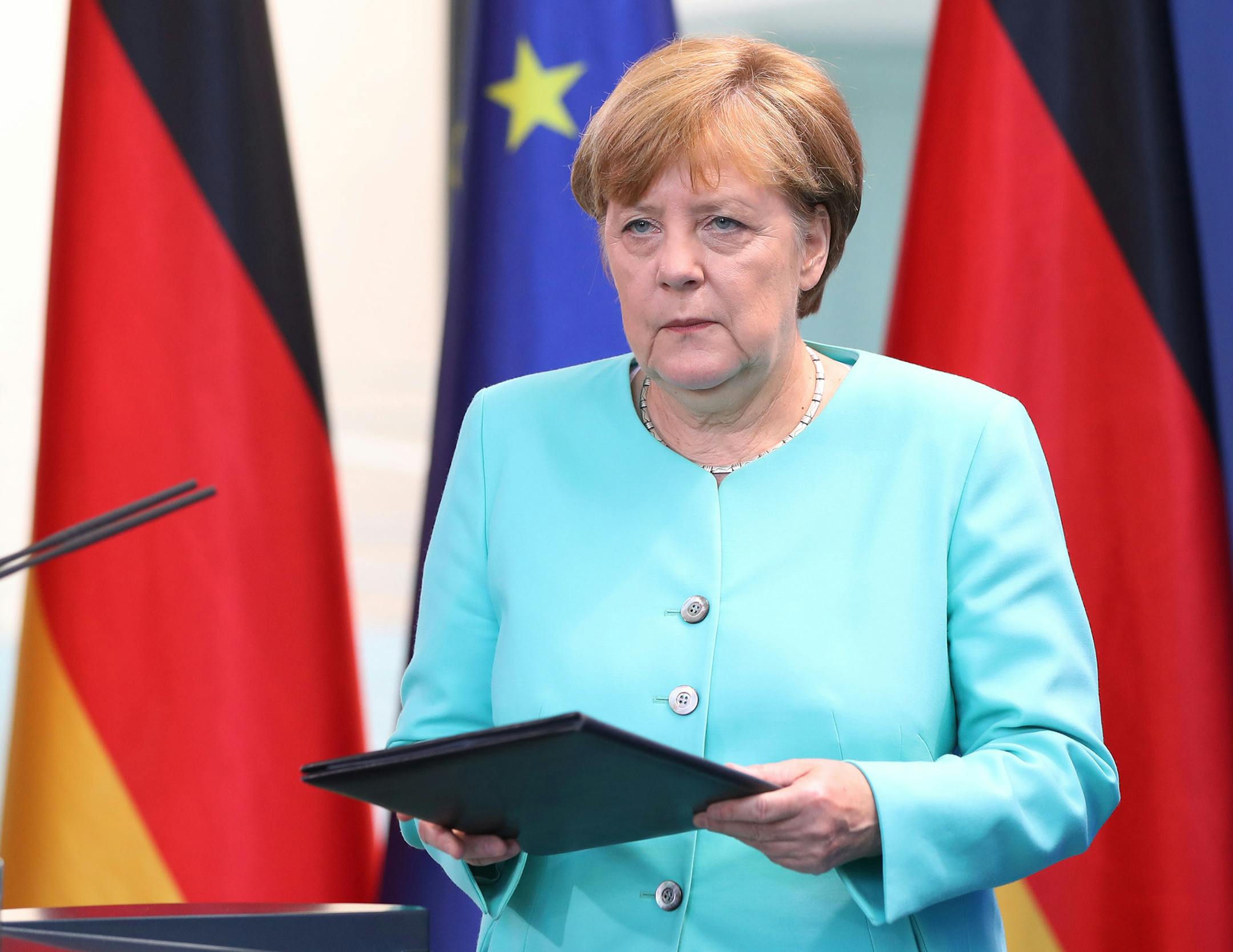 German Chancellor Angela Merkel delivers a statement on the results of Britain's EU referendum at the Federal Chancellery on June 24, 2016 in Berlin, Germany. Britons have voted by a narrow margin to leave the European Union (EU). (Kay Neitfeld/DPA/Abaca Press/TNS)