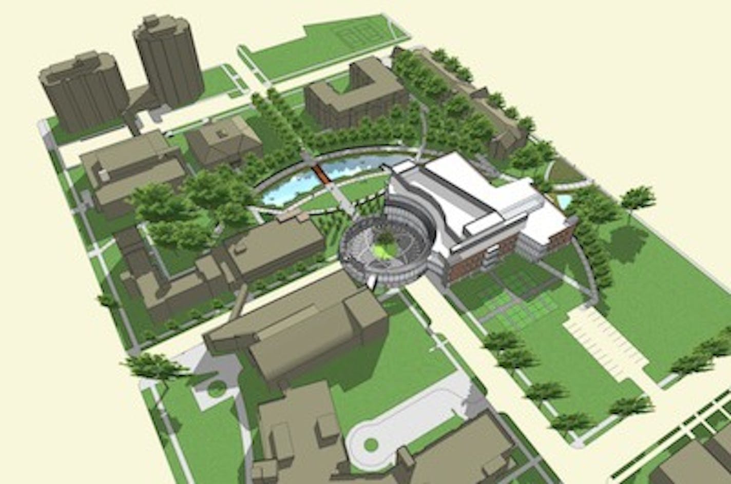 The $50 million integrated business, science and religion complex planned for the campus of Augsburg College (center right).