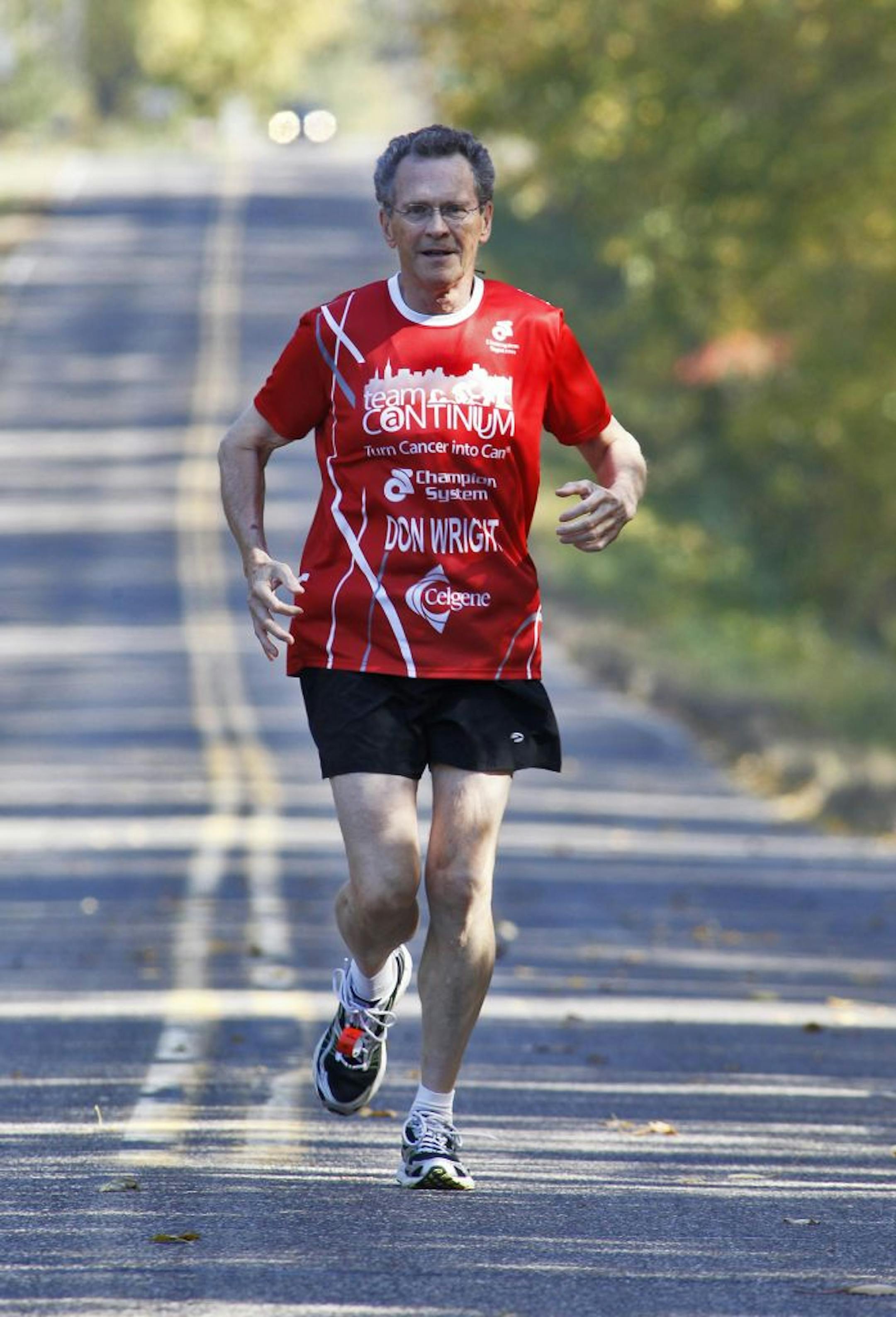 Don Wright, 70 didn't begin running until he was 62, when he was diagnosed with multiple myeloma. Since then he has run 54 marathons in 36 states. Wright ran a practice run near his Lake Elmo home.