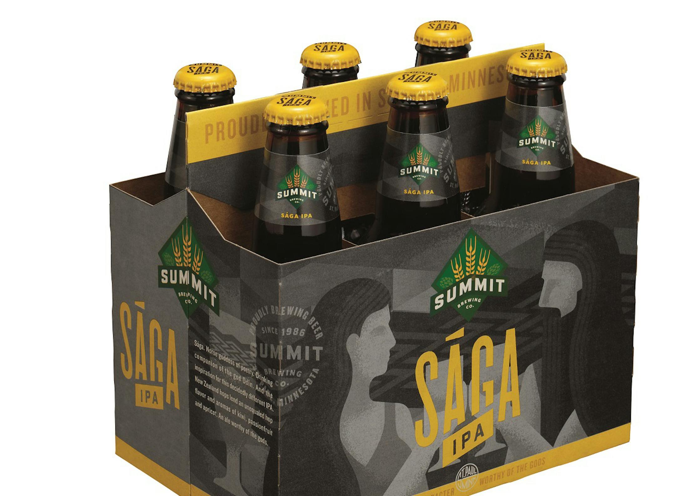 Summit Brewing's new packaging aims to tell "visual stories." Its India Pale Ale, named for the Norse god Saga, depicts her with Odin.