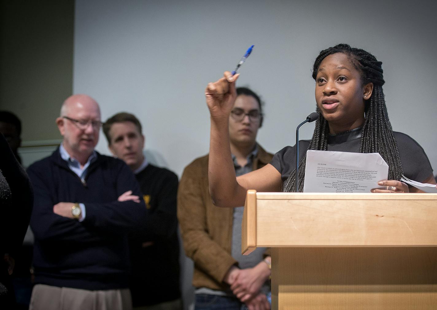 St. Olaf College President David R. Anderson, listened as organizers questioned him on different issues after numerous acts of incidents of racial hate happened on campus, Monday, May 1, 2017 in Northfield, MN.