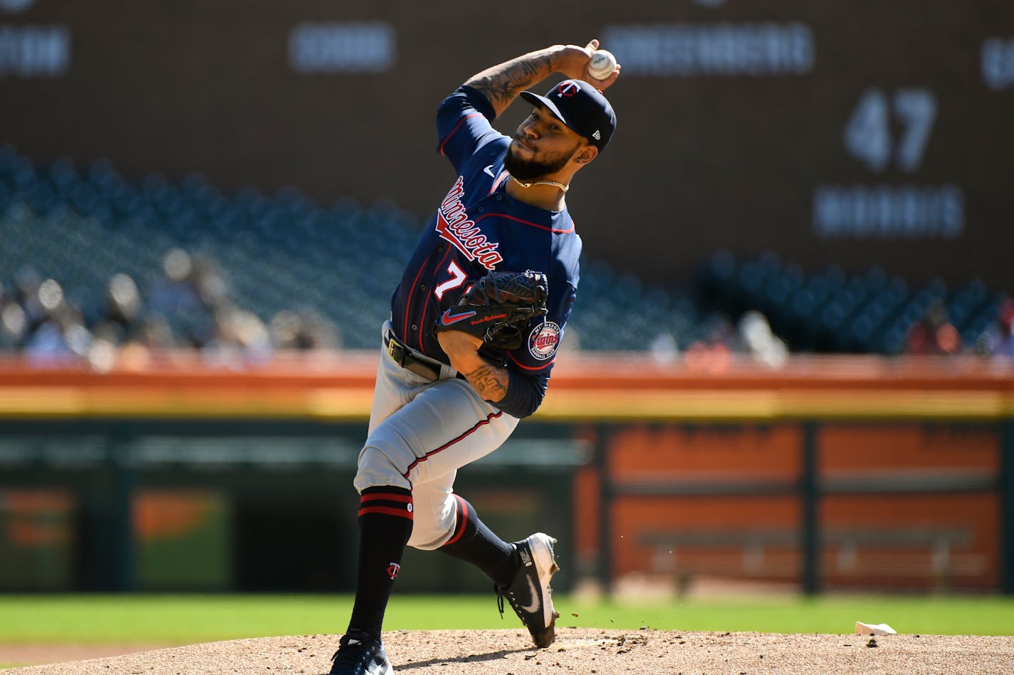 Minnesota Twins starting pitcher Simeon Woods Richardson throws against the Detroit Tigers during the first inning of a baseball game, Sunday, Oct. 2, 2022, in Detroit. (AP Photo/Jose Juarez)