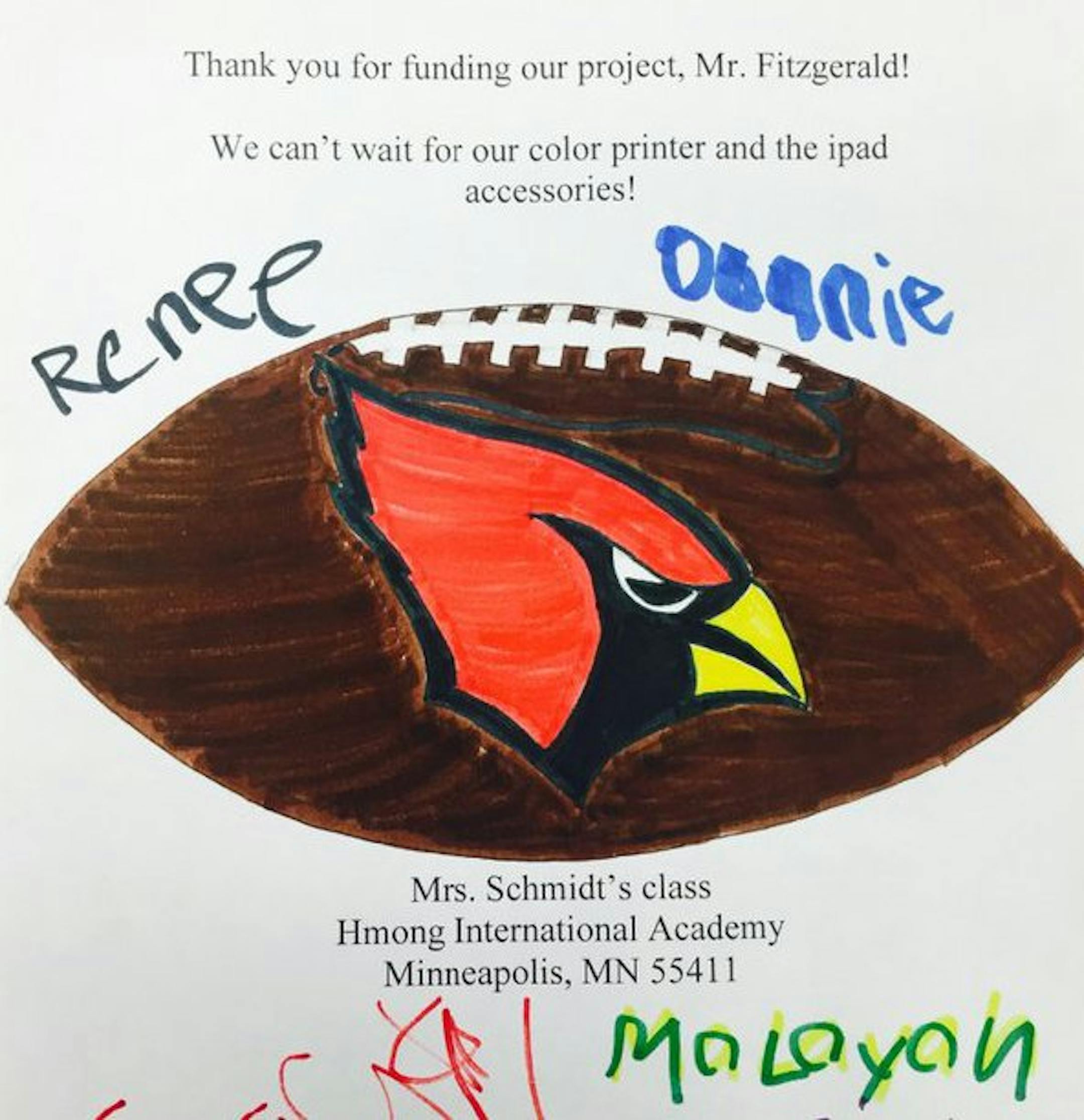 The thank-you note from Carolynne Schmidt and Katherine Tellander's class at Hmong International Academy.