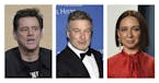 FILE - Jim Carrey, left, appears in an Aug. 2, 2019, photo in Beverly Hills, Calif. Alec Baldwin, middle, appears in a Nov. 21, 2019, photo in New Yor