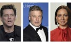 FILE - Jim Carrey, left, appears in an Aug. 2, 2019, photo in Beverly Hills, Calif. Alec Baldwin, middle, appears in a Nov. 21, 2019, photo in New Yor