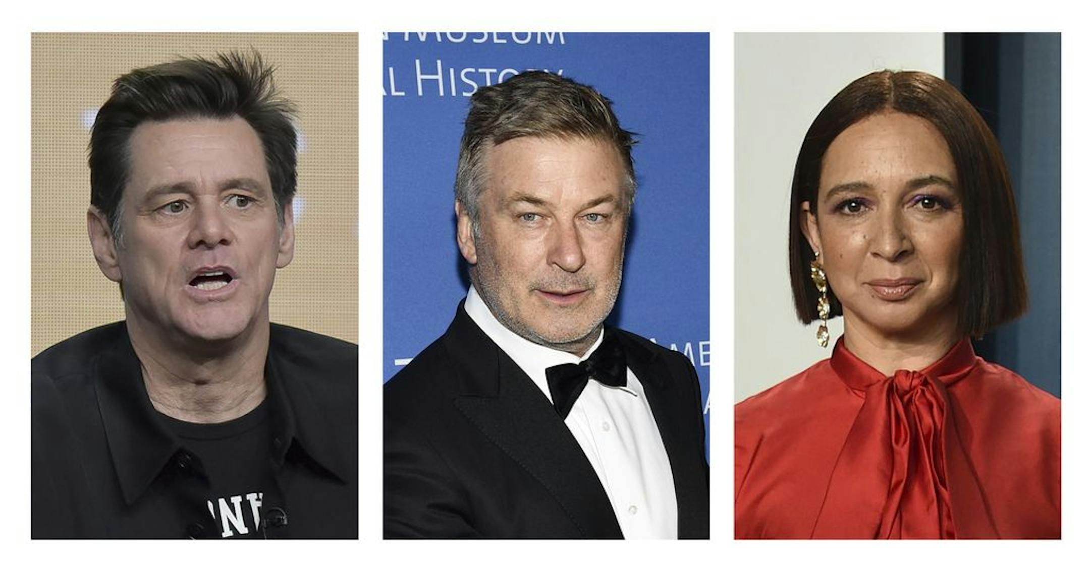 FILE - Jim Carrey, left, appears in an Aug. 2, 2019, photo in Beverly Hills, Calif. Alec Baldwin, middle, appears in a Nov. 21, 2019, photo in New York. Maya Rudolph appears in a Feb. 9, 2020, photo in Beverly Hills. It didn't take long for "Saturday Night Live" to come up with its comedic take on the presidential election results — complete with Rudolph donning a white suit like Vice President-elect Kamala Harris wore for her acceptance speech. Carrey played President-elect Joe Biden, taking th
