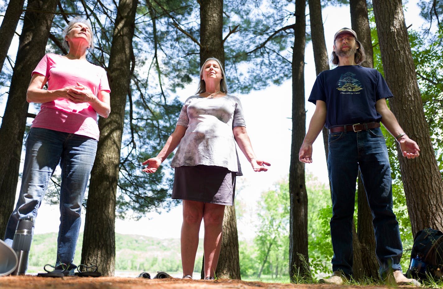 Jane Dicken left, Laura Jensen, and Matt Gillett, participated in a Shinrin Yoku event at William O'Brien State Park Sunday June 2, 2016 in Marine on St. Croix