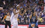 Lynx forward Maya Moore (23) celebrated after getting a steal and drawing a foul from Mercury's Noelle Quinn (45) with 1.5 seconds left in the game du