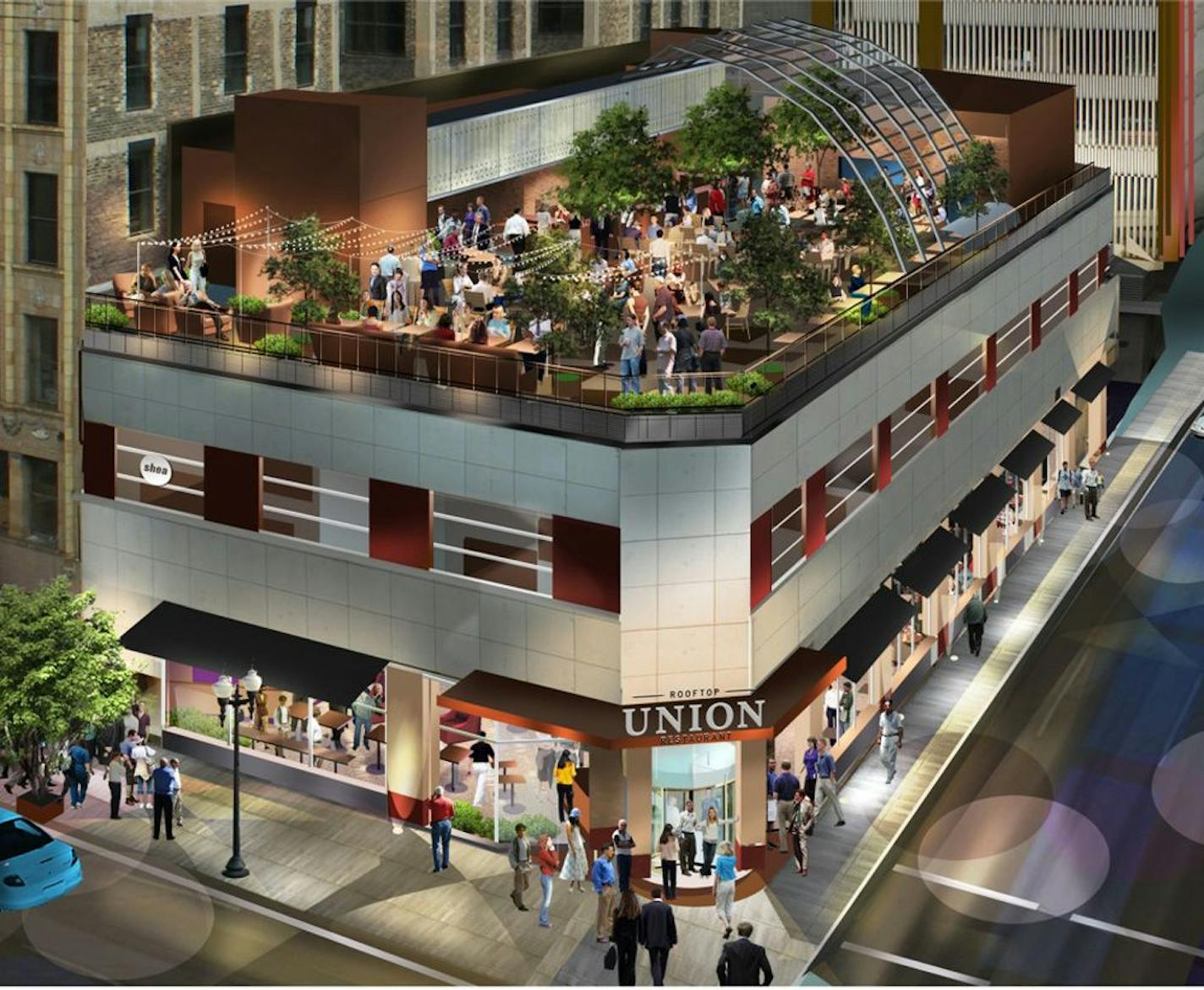 An exterior rendering of Union, which will occupy the former Shinders building in downtown Minneapolis.