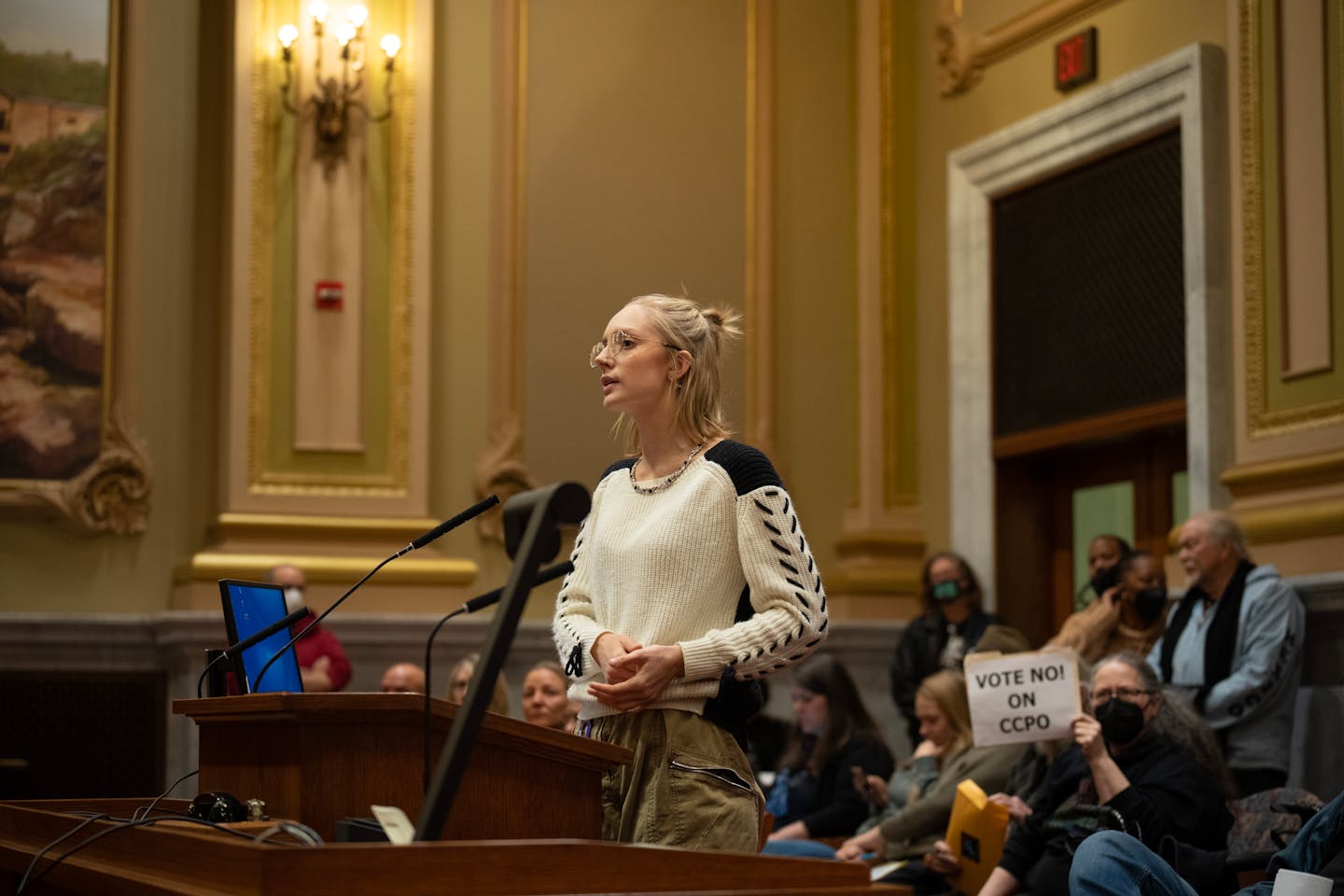 Emma Peterson urged the committee to table or not approve the ordinance as she spoke during the public comment portion of their meeting in Minneapolis City Hall Wednesday, Nov. 30, 2022. The Minneapolis City Council's Public Health &amp; Safety Committee passed an ordinance to create a Community Commission on police Oversight after hearing public comment that was overwhelmingly against it. ] JEFF WHEELER • Jeff.Wheeler@startribune.com