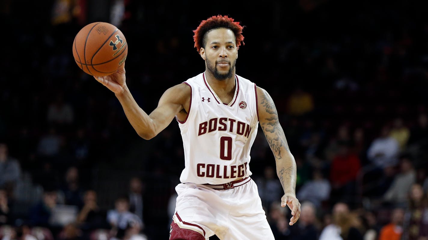 Boston College's Ky Bowman looks to pass during the first half of an NCAA college basketball game against Notre Dame in Boston, Saturday, Feb. 17, 2018. (AP Photo/Michael Dwyer)